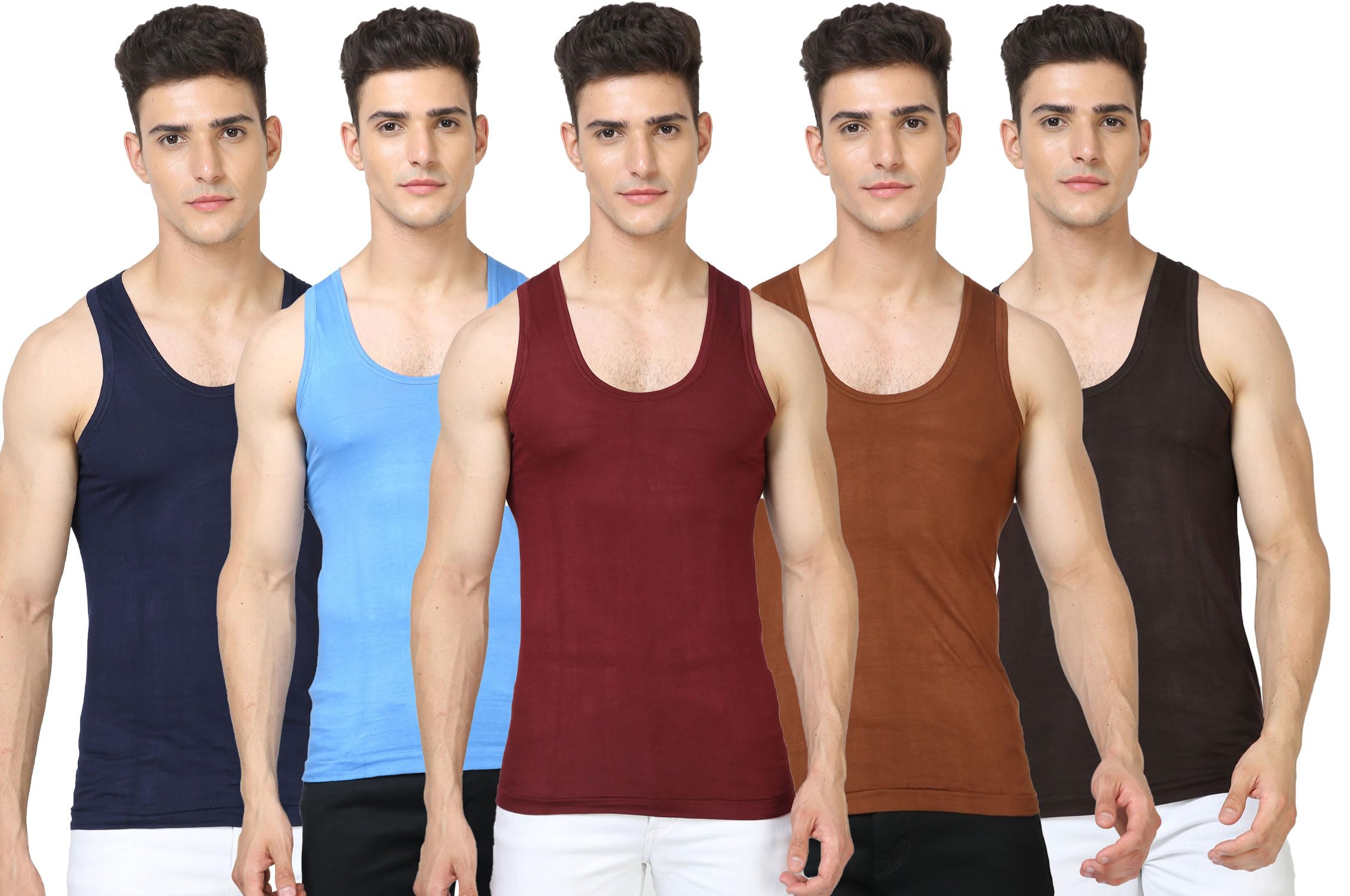 prakasam cotton Men's Combed Cotton Round Neck Sleeveless Multi Colour (Asorted) Vest with Extended Length for Easy Tuck (Pack of 5)-picture-46