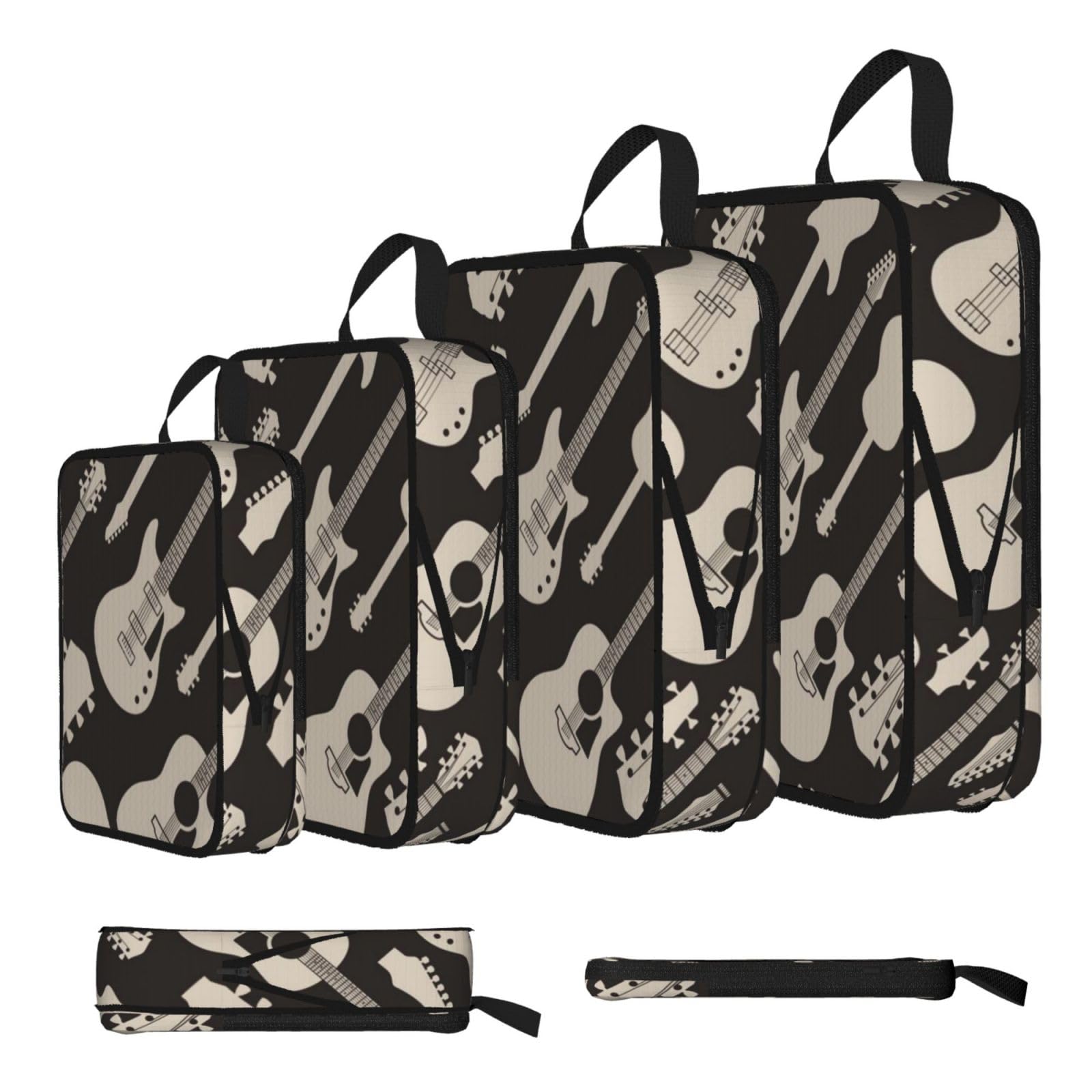 Guitar Pattern Print 4 Set Compression Packing Cubes For Suitcases,Expandable Storage Bags Organizers