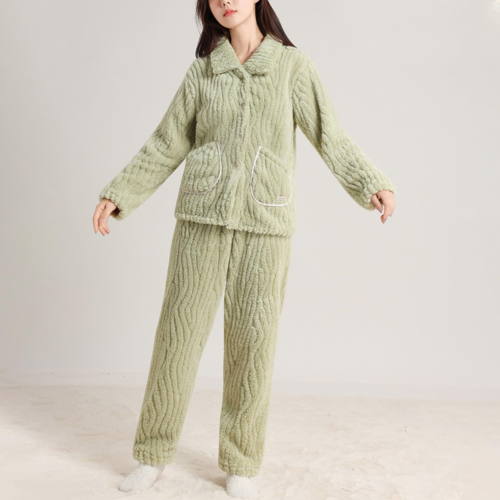 Genérico Pijama Mujer Invierno Pijama Mujer Franela Suave con Cárdigan Cuello En V Y Pantalón Doble Felpa Conjunto Cálido para Estar En Casa