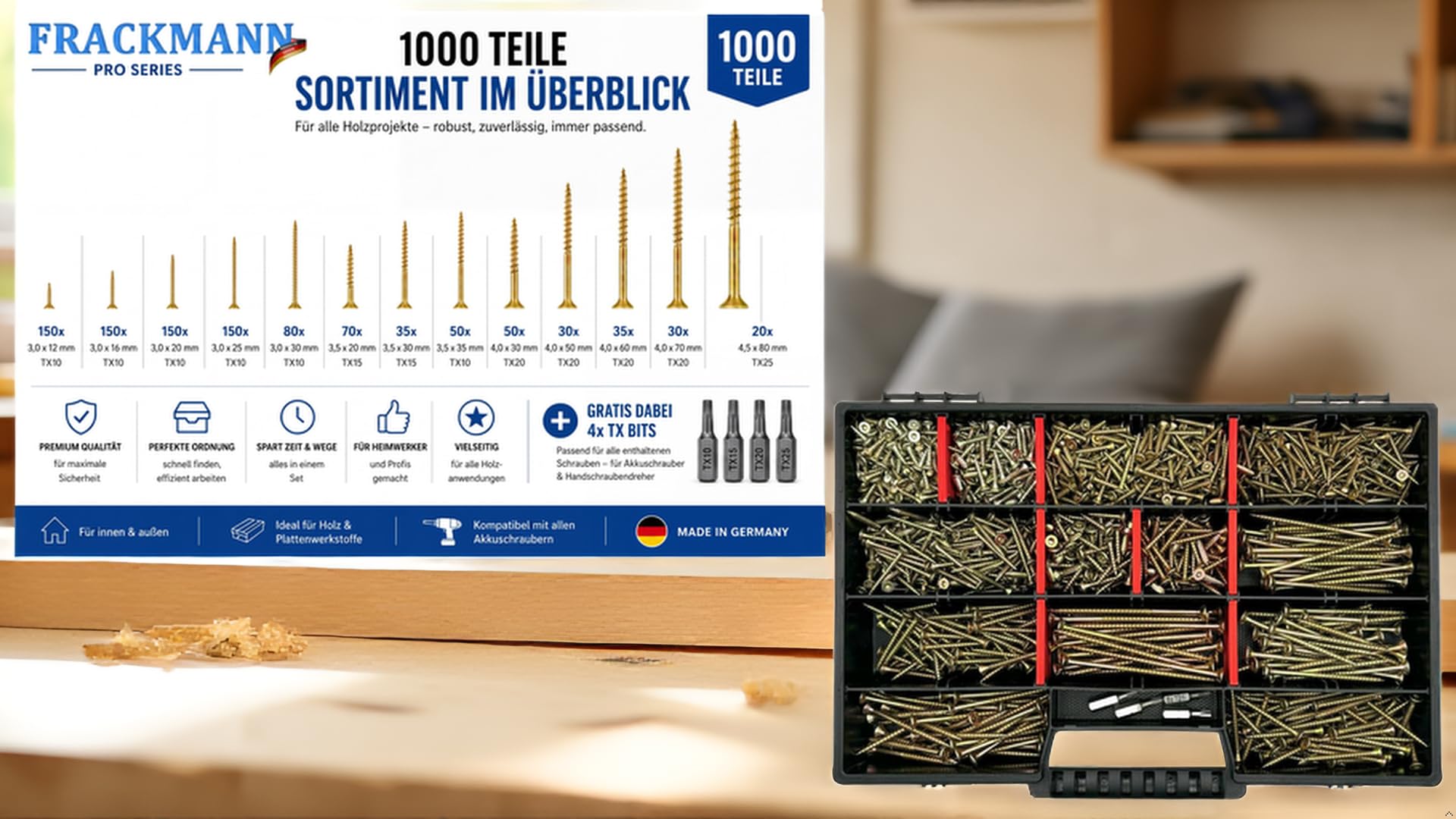 FRACKMANN Schraubenset 1000 Teile – Holzschrauben & Spanplattenschrauben 3x12 bis 4,5x80 – inkl. 4 TX Bits & Sortimentskoffer – Profiqualität Made in Germany