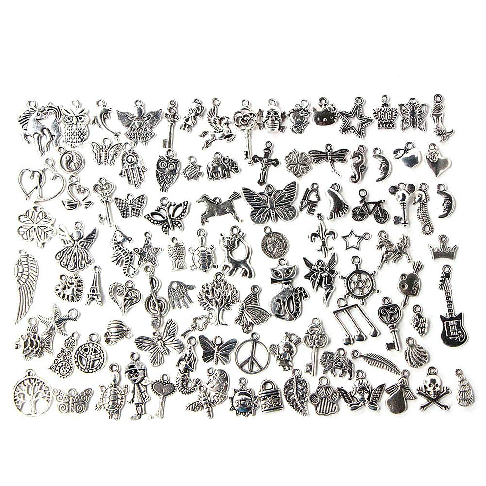 Hztyyier100Pcs Antique Silver Charms Pendants for Crafting Jewelry Supply for Necklace Bracelet Dangle Jewelry Making and Crafting