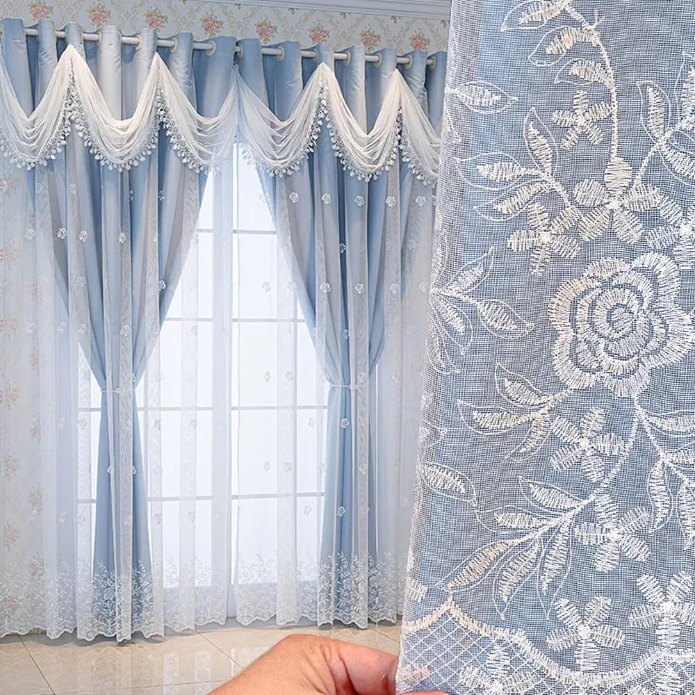 Amidoudou 1 Pair Simple Double Layer Curtains for Living Room Luxury Floral Embroidered Curtains with Wavy Valance (Blue,66 x 84 Inch)