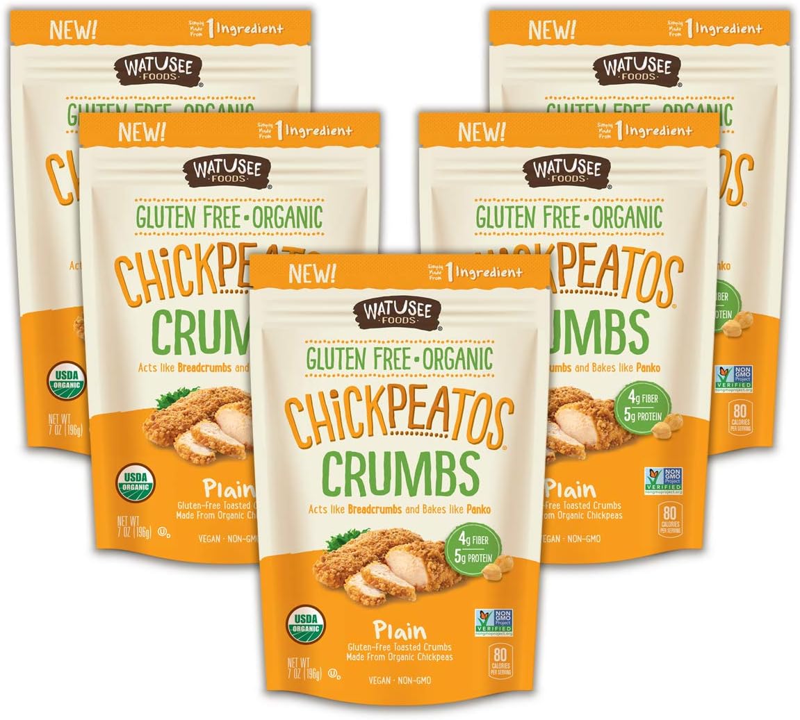 WATUSEE FOODS Organic Chickpea Crumbs Vegan Chickpea Breadcrumb 6 Pack 7 oz. Bag Gluten Free, Crunchy Panko Alternative Plain