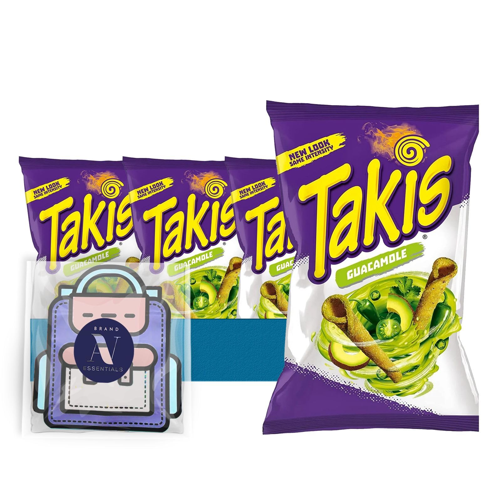 TakisLavinia Essentials Bundle: 4-Pack of Guacamole Sharing Size Bag, Hot Chili Pepper Rolled Tortilla Chips 9.9 oz Bag + 1 Utility Prop