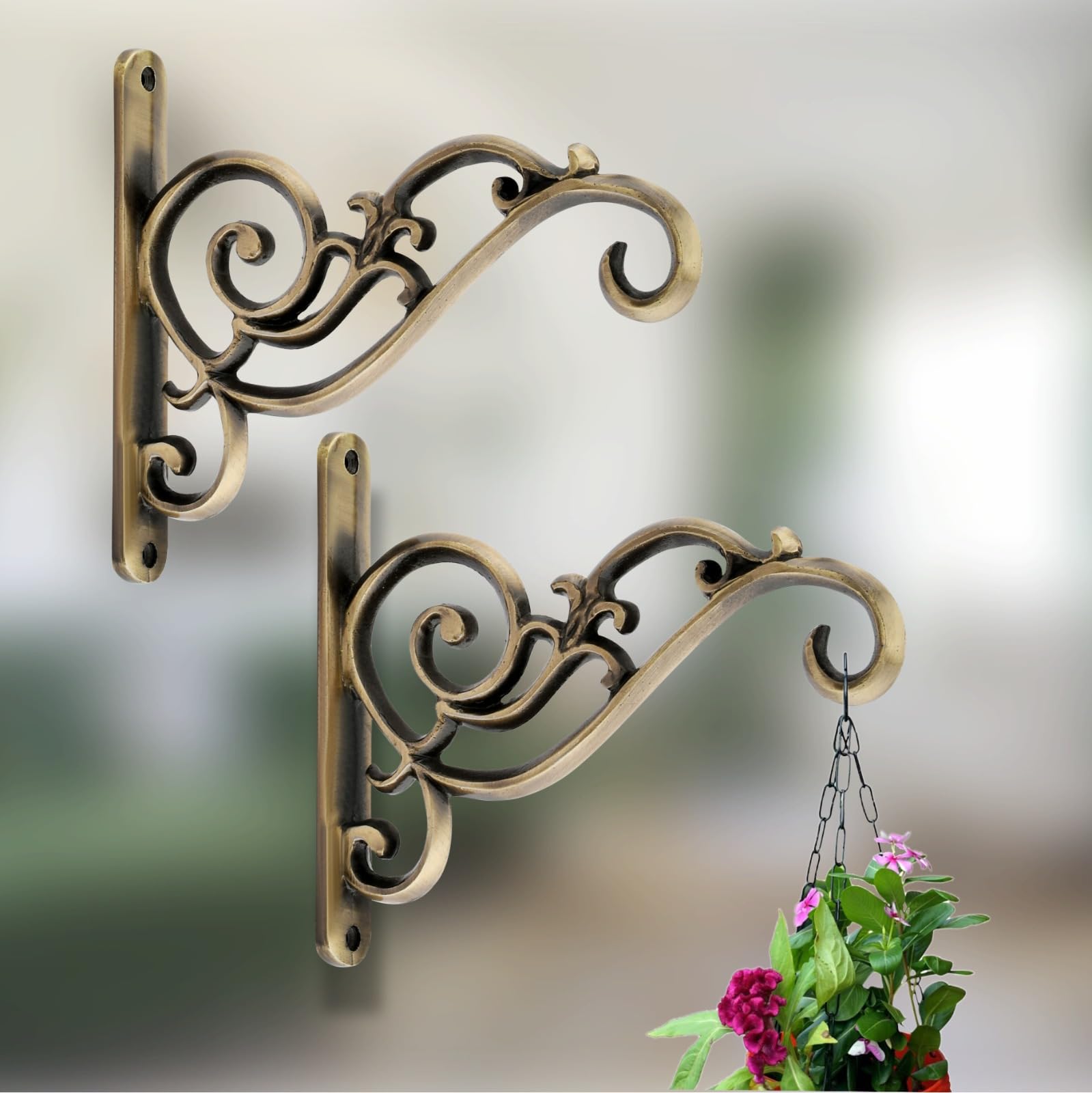 GHAR DWAR Metal Wall Hook Hanging Plant Bracket Decorative Straight Plant Hanger for Pots, Bird Feeders, Planters, Lanterns, Macrame, Wind Chimes Indoor Outdoor (Pack of 2, Brass Antique)-image-33