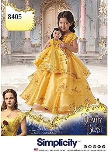 Simplicity 8405, disfraz de princesa Bella y la Bestia de Disney, para niñas y muñecas de 18 pulgadas, patrón de costura, tallas 3-8