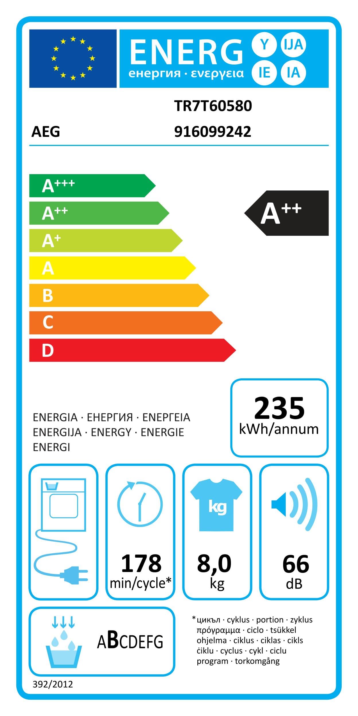 AEG Secador de bomba de calor, 8 kg, serie 7000: SensiDry procedimiento en seco suave y de bajo consumo, nueva tecnología de energía E, volumen automático, tambor suave, dirección de rotación alterna