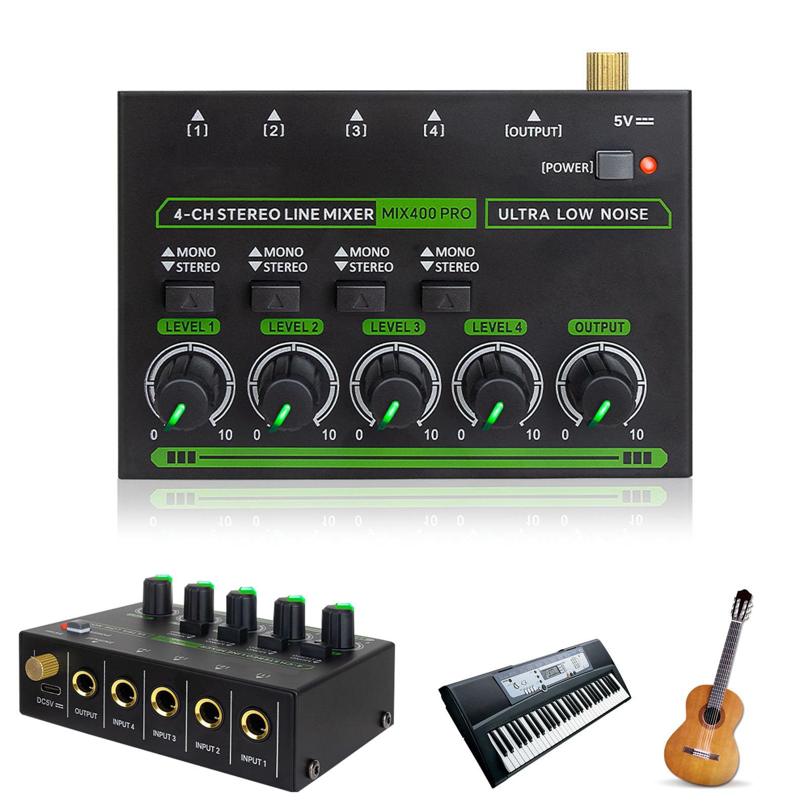 4 Kanal Stereo Audio Mixer, Mischpult 4 Kanäle 6,35mm Audiomischer mit 4 Eingänge und 1 Ausgang Type-C Aufladen Audiomixer für Bandauftritte Bühnenauftritte Instrumentenübungen Musikaufnahmen