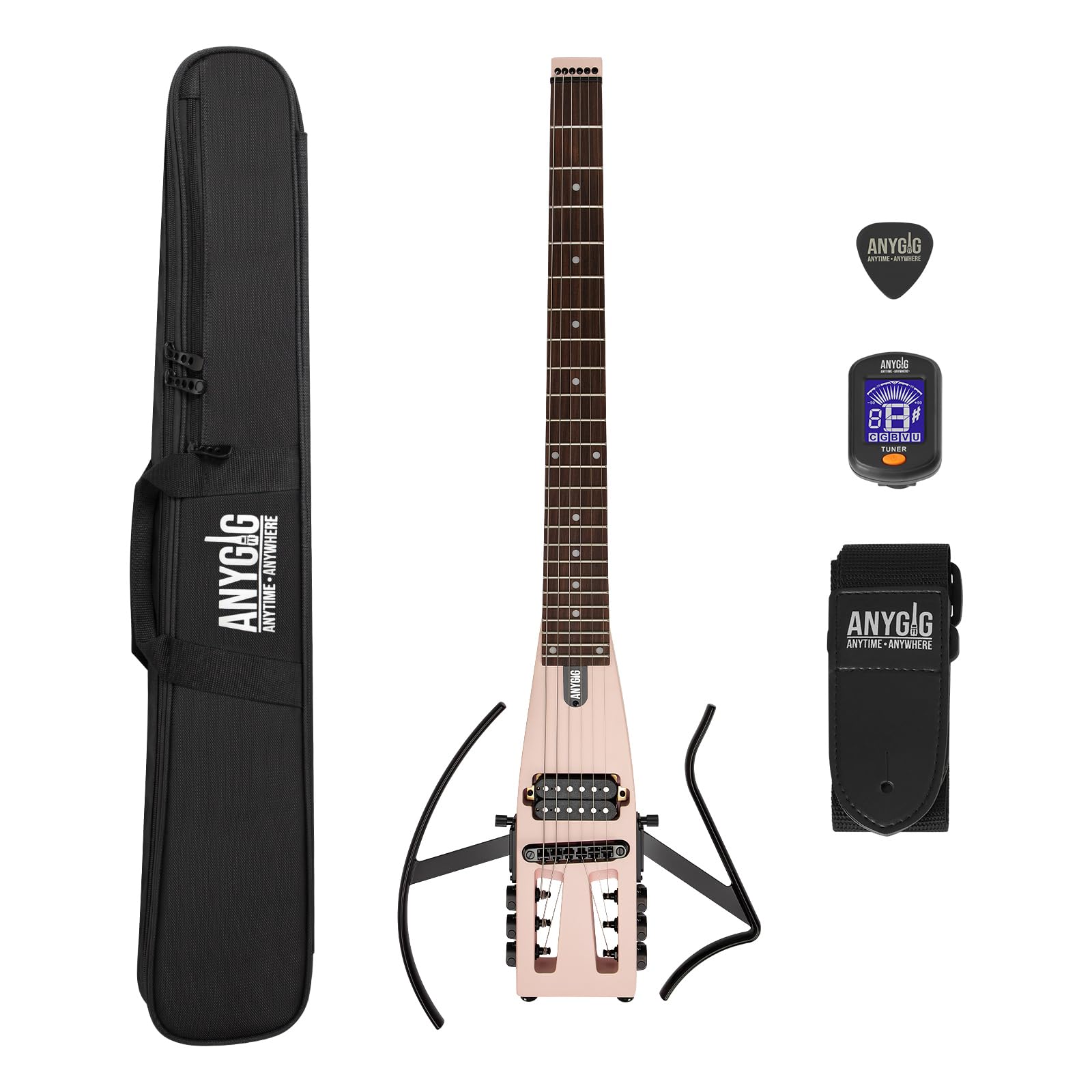 Reise E Gitarre – Volle Größe, ultraleicht (wiegt nur 1,8 kg), 100% Ahorn, digitales Stimmgerät, Gitarrentasche, Ständer, geeignet für Linkshänder und Rechtshänder, Muschelrosa