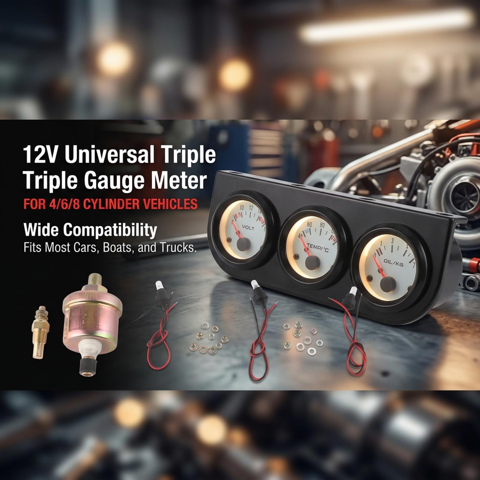 52 mm Öldruck-Temperatur-Voltmeter-Instrumententafel.Ein universelles Auto-Dreifachanzeigen-Set, das als Kfz-3-in-1-Instrumentenanzeige für 12-V-Systeme konzipiert ist