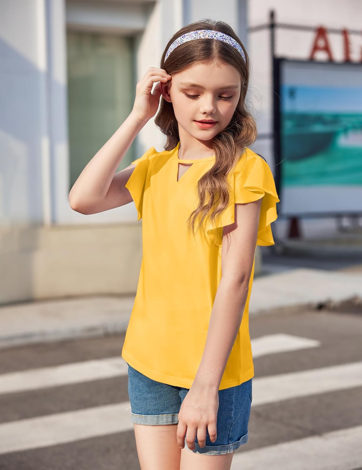 Arshiner Kids Girls Yellow Shirt Casual Short/Long Sleeve Shirts Kids Loose Tunic Tops Ruffle Cotton Tee Blouses - Image 3