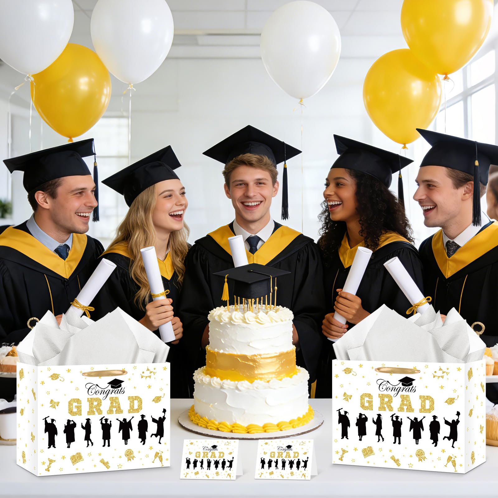 Graduation Gift Bag Class of 2026 Congrats Grad Gift Bag with Tissue Paper and Card Happy Graduation Wrapping Paper Bag for High School College University Gold Glitter Silhouette Theme Decorations
