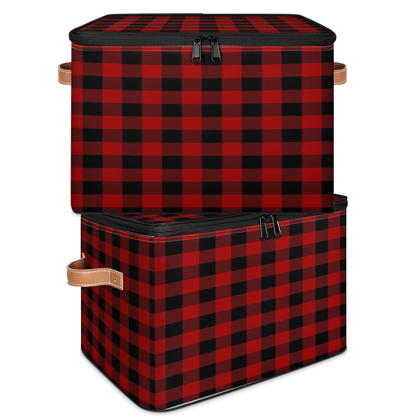 Cesta de almacenamiento grande a cuadros de Navidad con tapa de cremallera, cajas de almacenamiento plegables a cuadros de búfalo, organizador del hogar para ropa, dormitorio, sala de estar,