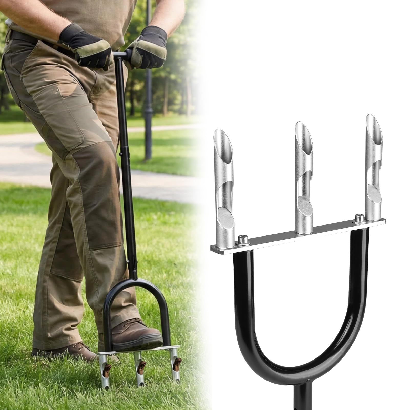 Photo 1 of Manual Lawn Aerator Tool, Hollow Tines Plug Lawn Core Aerator, Heavy Duty Hand Soil Aerator Tool with Adjustable Handle, Grass Aeration Garden Tools for Lawn Care, Compacted Soil, Yard
