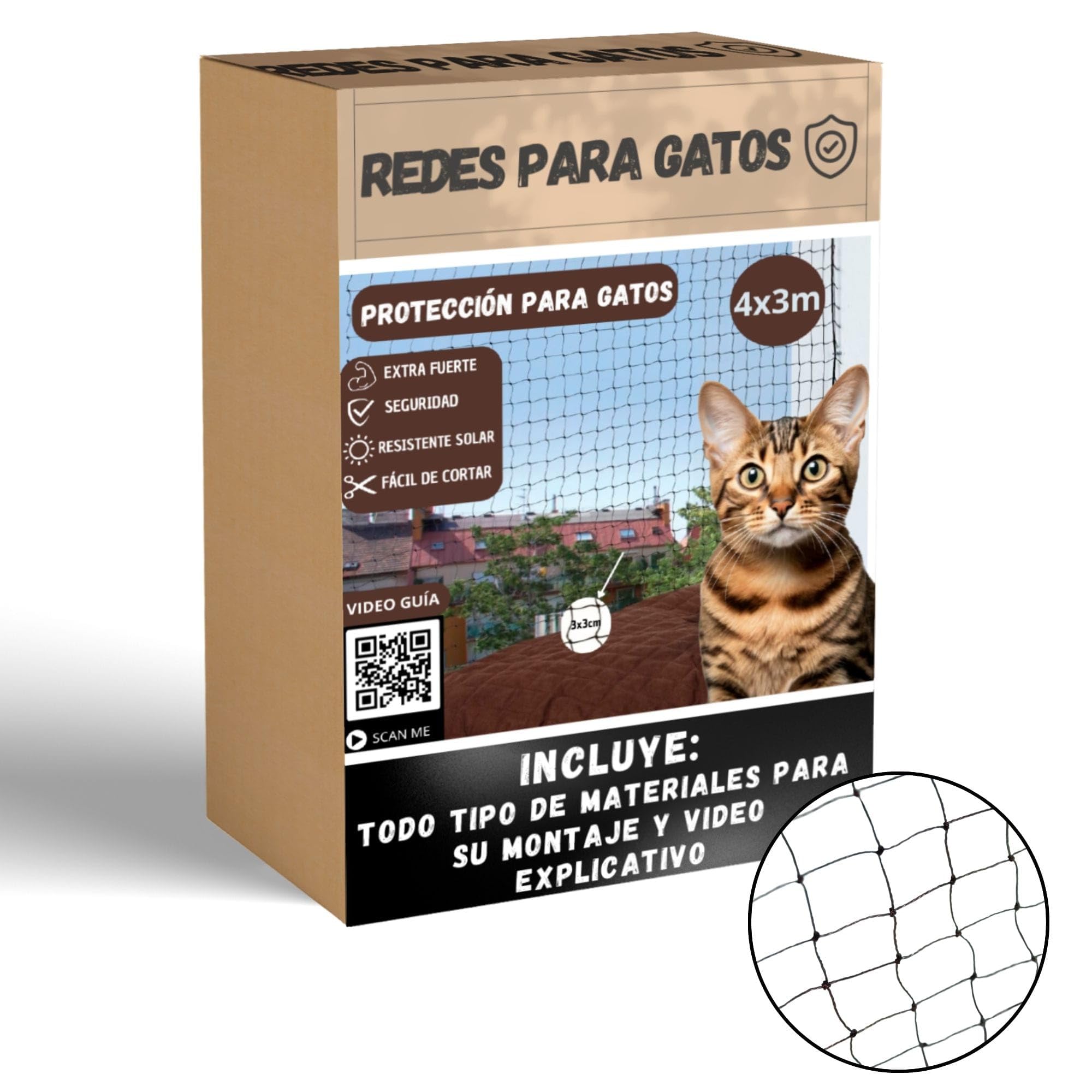 FR3 ®️ Red para Gatos de 3x4 Color Negro | 12 hebras de PE Más 1 hebra de Acero | Red para Gatos terraza | Evita la Caída o la Escapada de su Gato | Apto para Ventanas, Balcones y Terrazas.