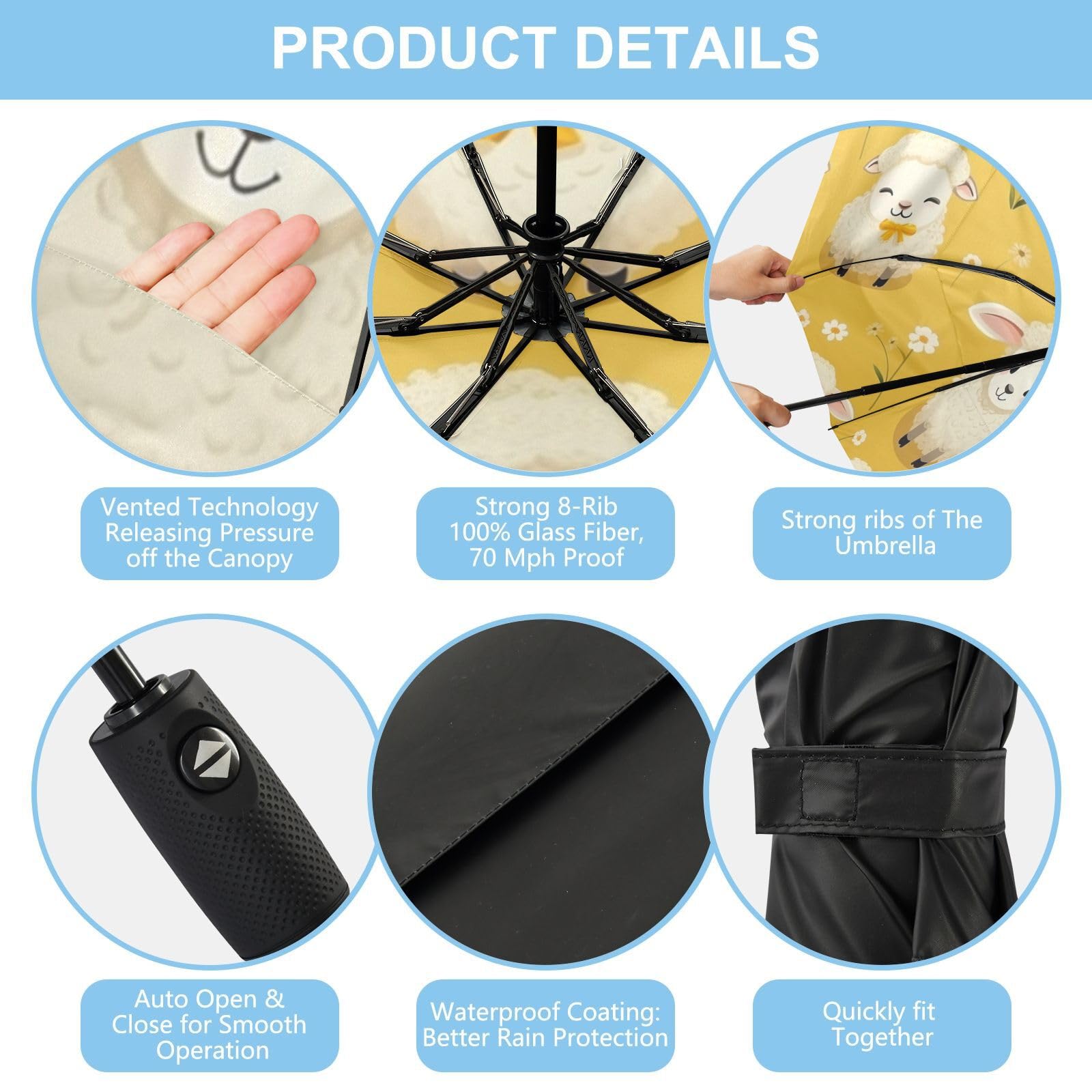 Ovejas Lindas Amarillas Paraguas de Viaje Resistente al Viento Apertura Cierre AutomáTicos,Compacto con ProteccióN Solar UPF 50+ Ideal para JóVenes Chicas
