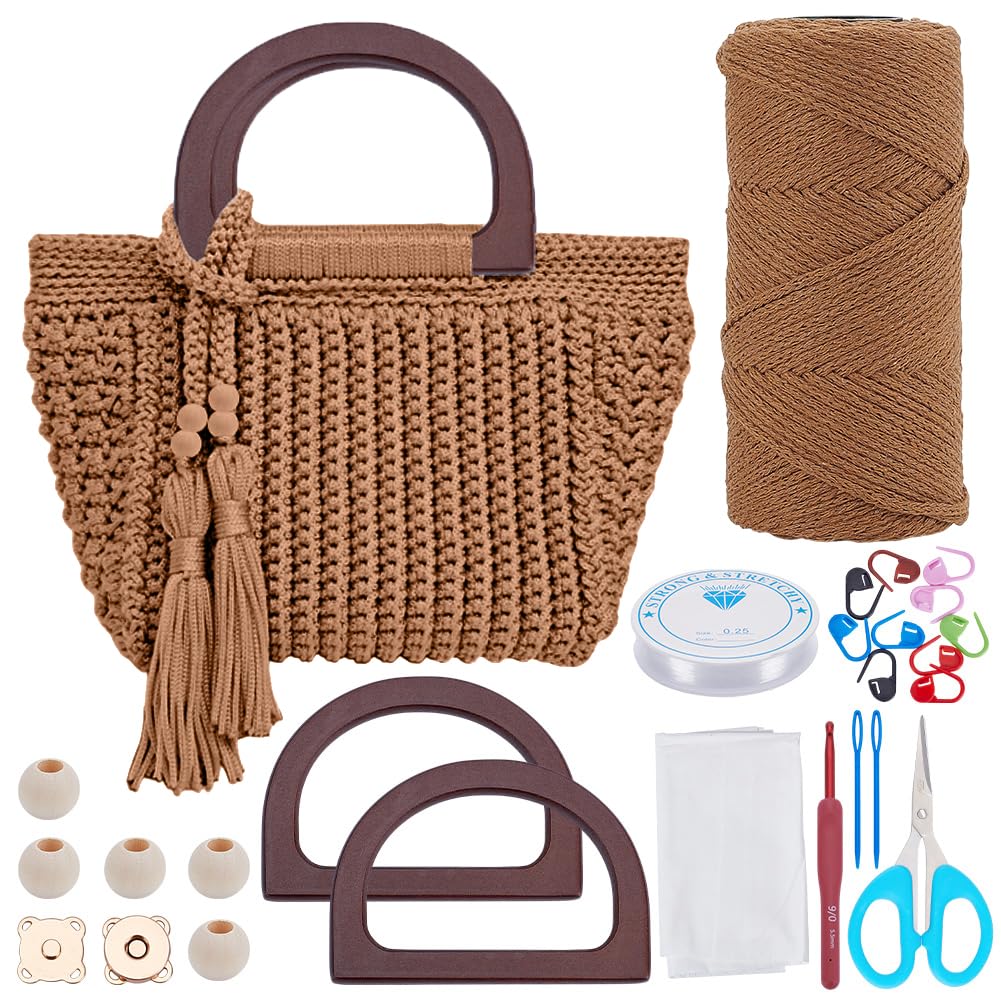 INFUNLY DIY Crochet Bag Kit for Beginners Adults Brown Bag Crochet Set with Step-by-Step Video Tutorials Tote Bag Crochet Starter Kit with Tassels Handle Crochet Handbag Kit for Women DIY Kit Gift