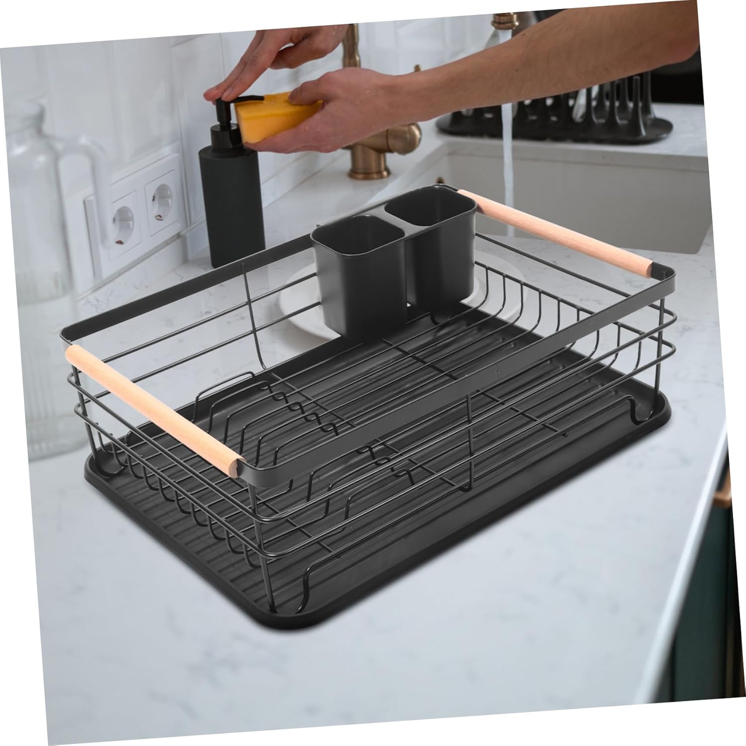 Cabilock Metal Dish Drying Rack with Drainage Design Space Saving Kitchen Storage Holder for Plates and Utensils Iron Bowl Dish Rack with Chic Black Finish for Countertop Organization