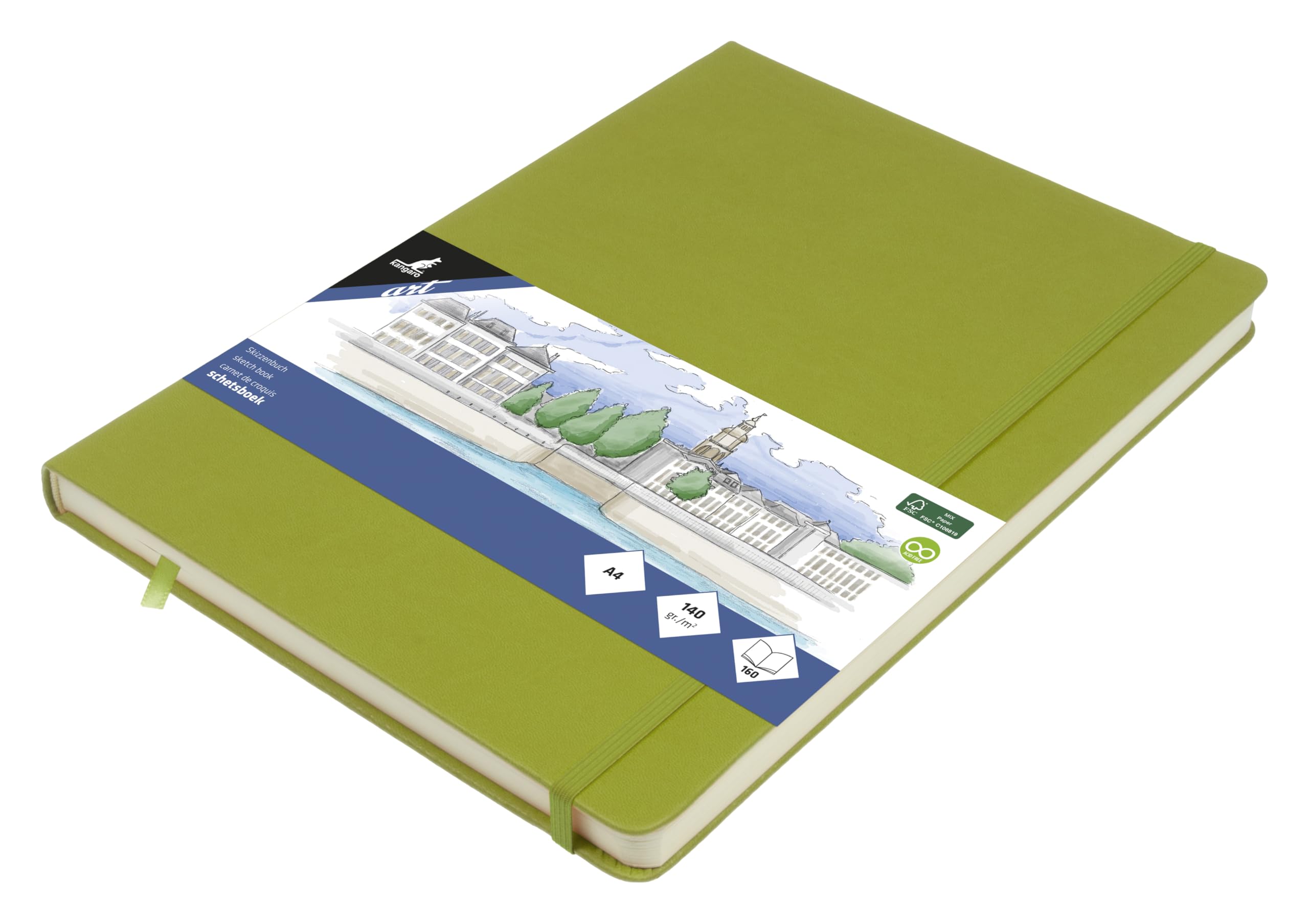 Kangaro A4 Lime Green PU Hard Cover Sketchbook 80 Sheets 140 g Cream Paper with Elastic Band and Ribbon