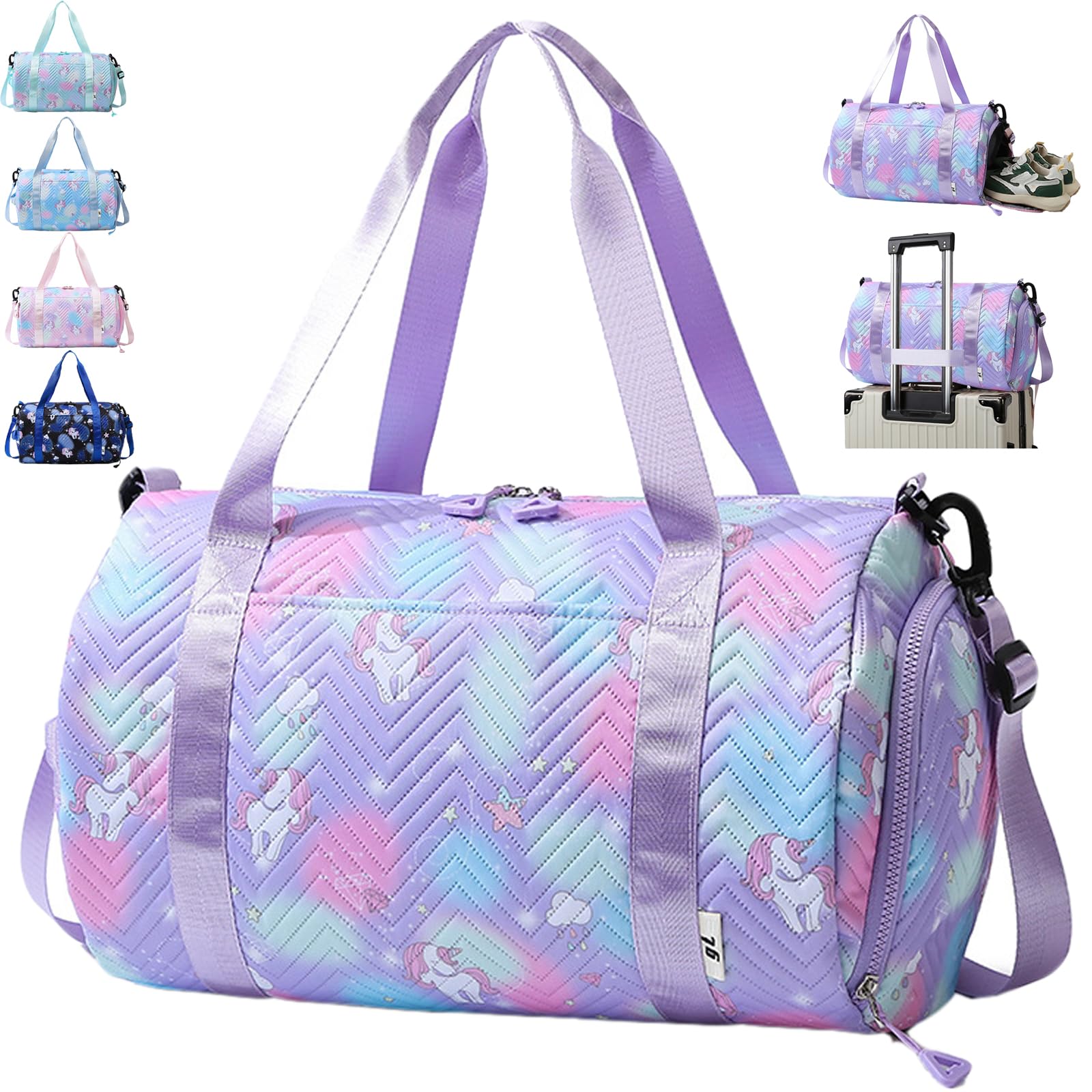 AUNGKWANG Unicorn Travel Bags, Swim with Shoes Compartment & Waterproof Pocket, Waterproof Dance Bag, for Girls Fitness Workout, Travel, Dance, Ballet, Swim