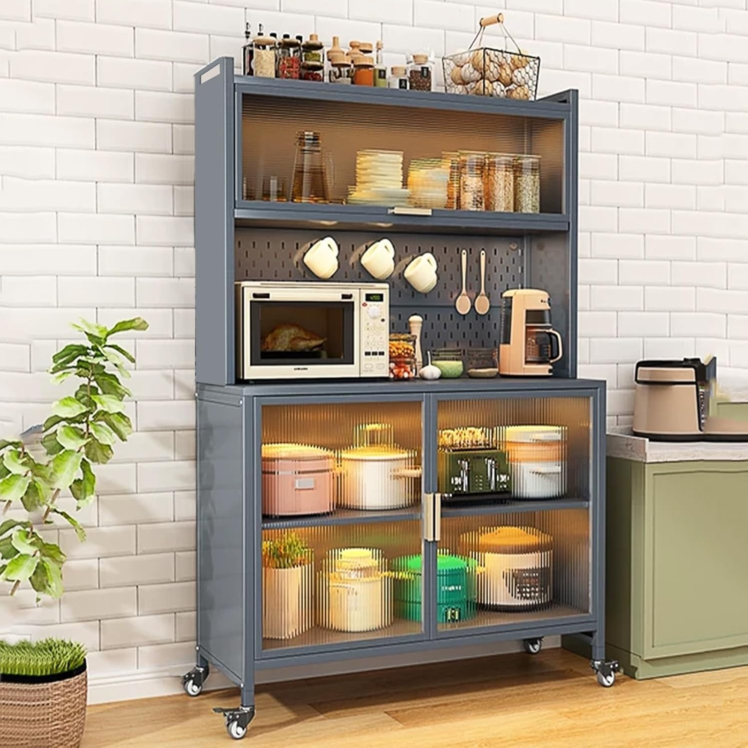 Freestanding Multi-Layer Kitchen Floor Cupboard，Microwave Storage Stand,5-Tier Kitchen Bakers Rack, Storage Cabinets with Flip Door, Microwave Stand with Storage, with Universal Wheels, Larg