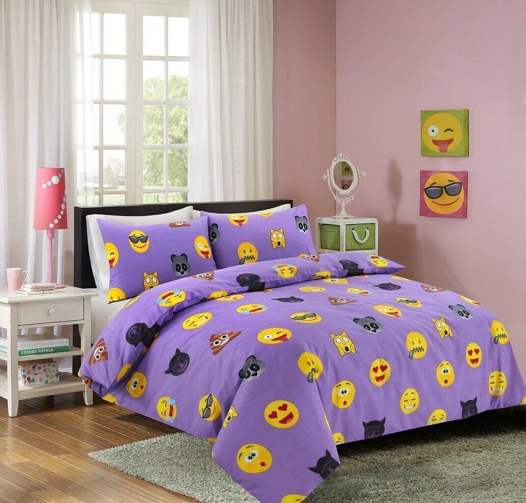 oceanevo® Icon Smiley Duvet Cover with Matching Pillowcases Face Expressions Quilt Polycotton Printed Reversible Children Kids Bedding Set (Lilac, Single)
