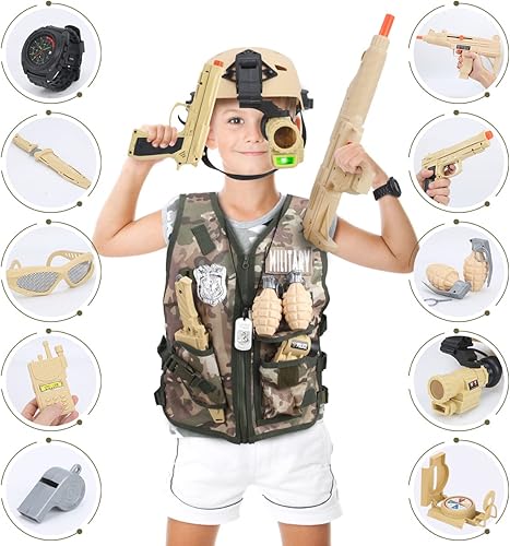 Miniatura 5 de Disfraz del ejército para niños, 17 piezas, juego de rol de soldado militar, infantes de marina de combate para Halloween con chaleco de camuflaje,