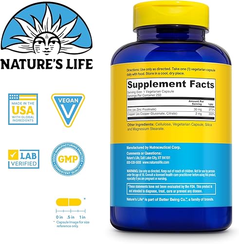 Miniatura 2 de Natures Life Picolinato de zinc 30 mg  Plus 2 mg de cobre  250 cápsulas vegetarianas