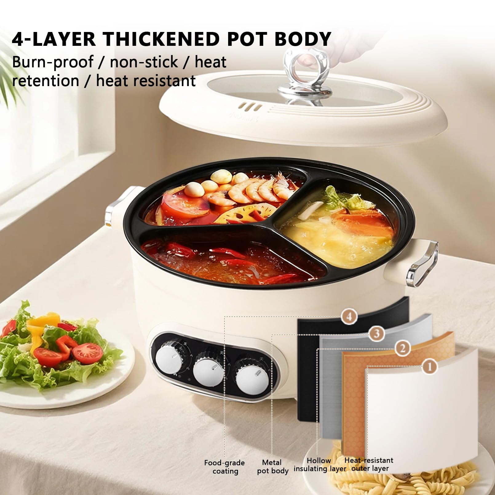Hotpot Casserole électrique 5,3 l avec chauffage rapide et trois boutons rotatifs, 1600 W avec revêtement antiadhésif, 3 niveaux de réglage de la température, pour steak, fondue, légumes