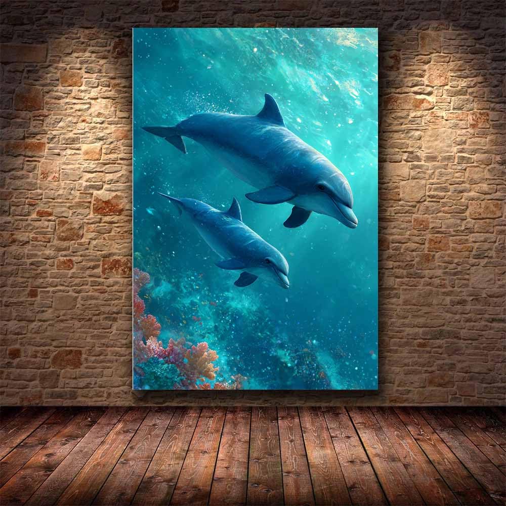 HUYEEI Niebieskie zwierzęta morskie, krajobrazy, niebieski, delfin, cień, pejzaż morski, plakat, natura, nadruk, do salonu, sypialni, łazienki, dekoracja (niebieski 296) - 60 x 90 cm oprawiony