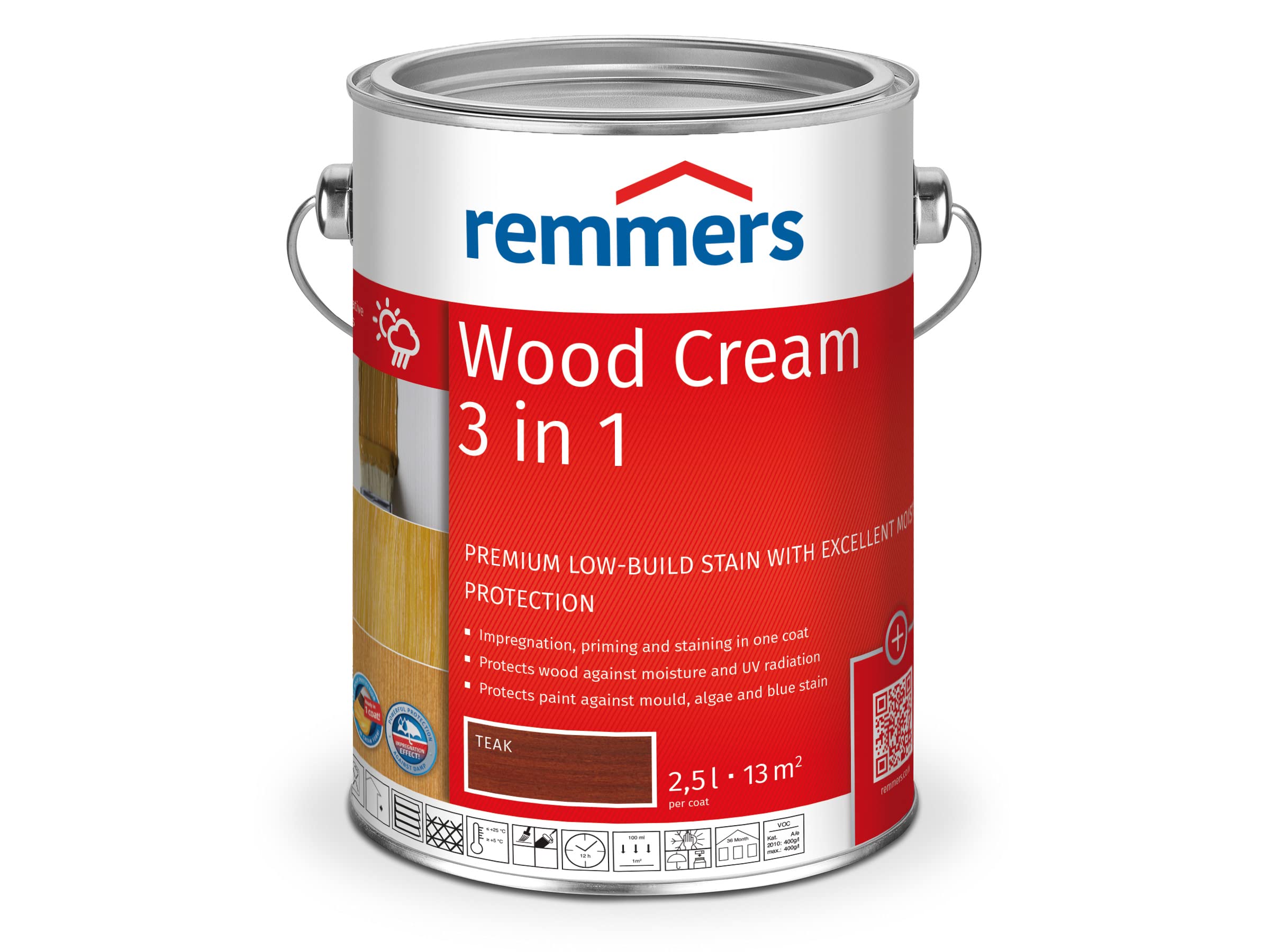 Remmers Wood Protection Cream 3-in-1 Teak, 2.5 litres, Drip-Free Wood Stain for Outdoors, 3-in-1: Impregnation, Primer & Varnish in One Operation — image 1