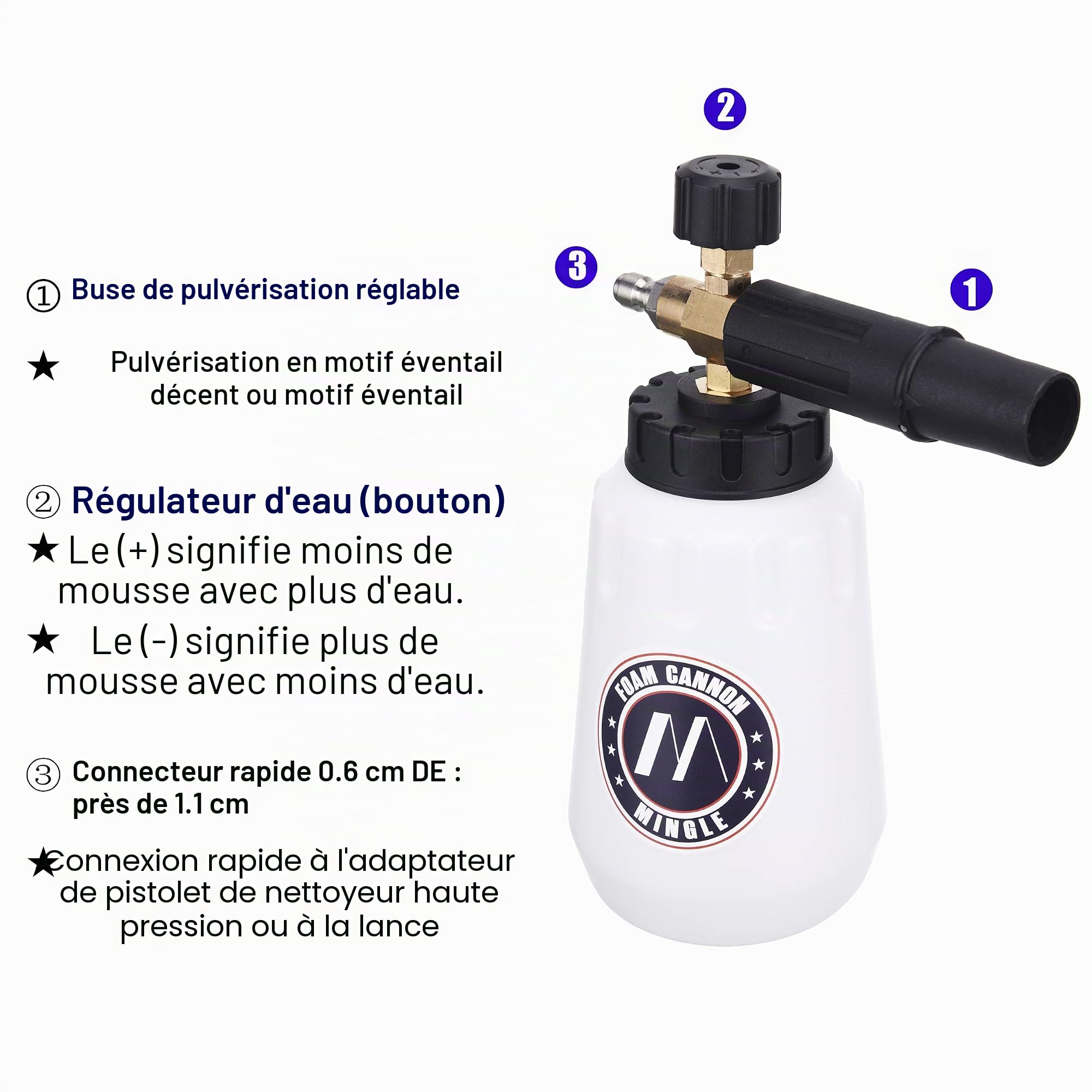 M MINGLE Canon à Mousse, Compatible Portland Husky et Ryobi Haute Pression | Pistolet à Mousse Réglable 1 Litre, 5 Buses et Adaptateur, Raccord Rapide 1/4", pour Nettoyer Voitures, Motos, Allées, 210bar