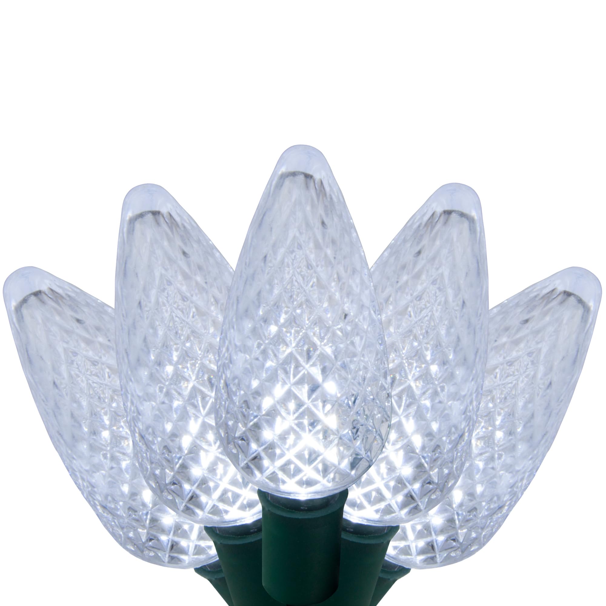 C9 LED Faceted Cool White Prelamped Light Set, Green Wire - 25 C9 Cool White LED Christmas Lights, 8