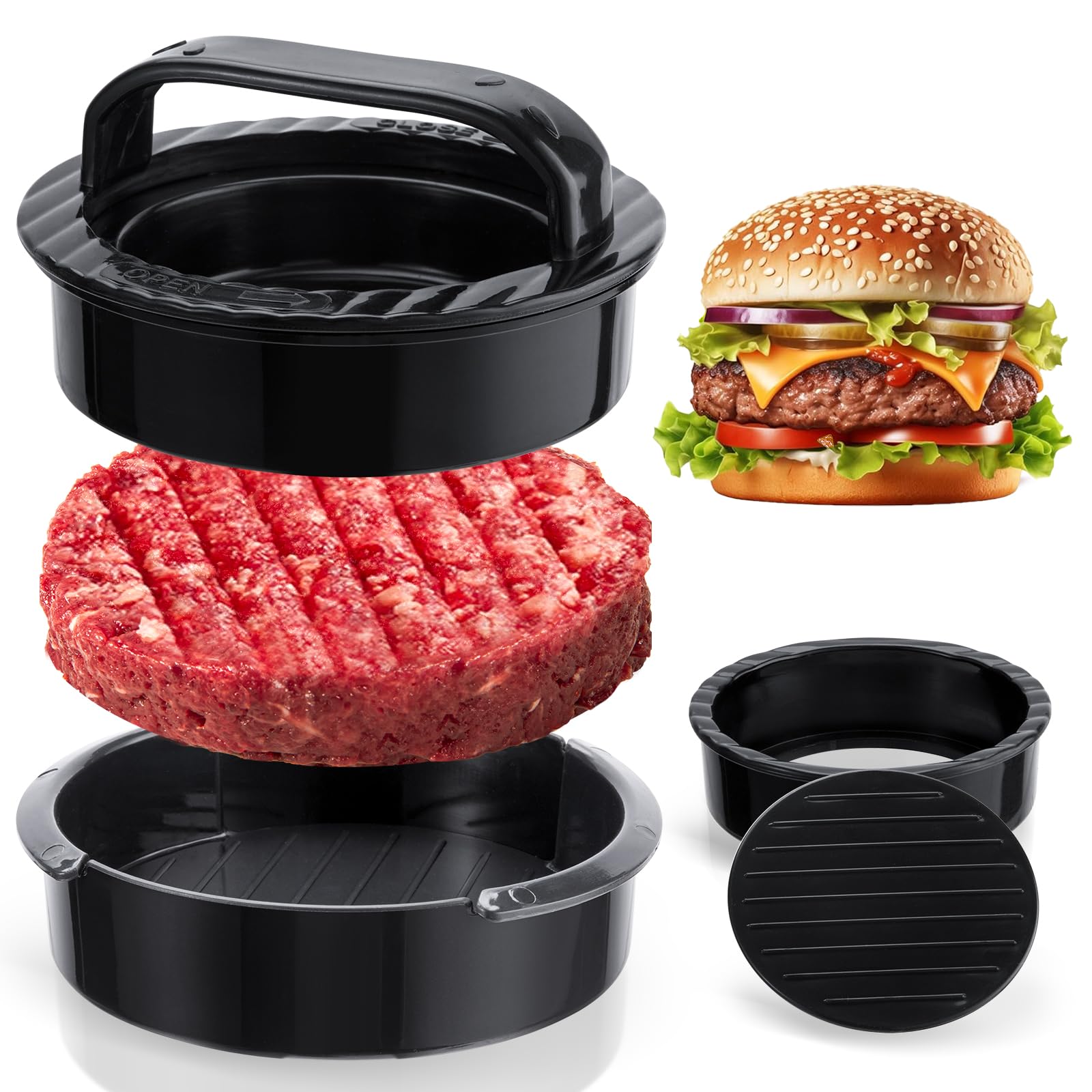 Excent 3-in-1 Hamburger Press – Non-Stick Patty Maker for Stuffed Burgers, Sliders, Beef & Veggie – BBQ, Grill Kitchen Gadget – Easy Clean (Black)