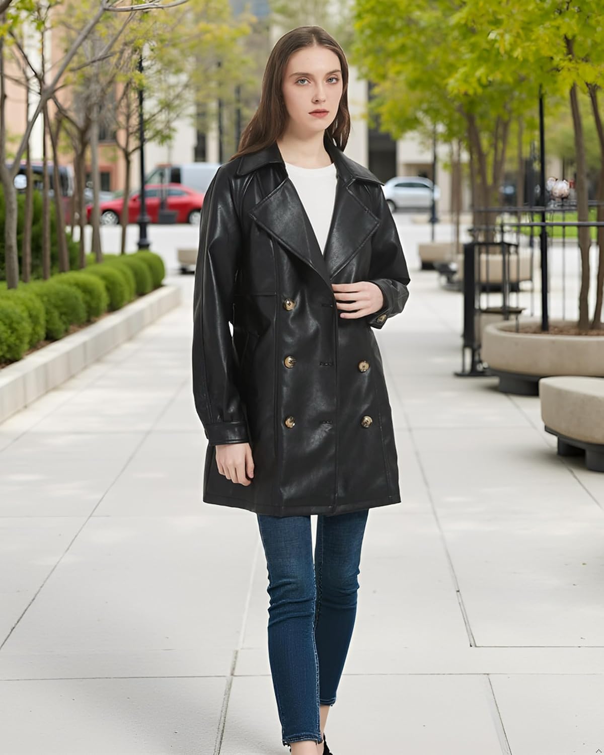 RISISSIDA Women Faux Leather Blazer Jacket,Spring Fall Vegan Pleather Soft Casual Lapel Button Down Coat - Image 2