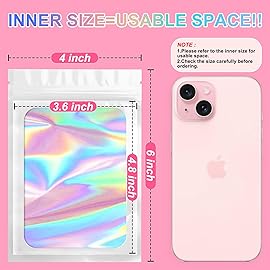 100 Pieces Smell Proof Mylar Bags, Holographic Packaging Bags, Resealable Odor Foil Pouch Zipper Bag with Clear Window for Food Storage and Lipgloss, Jewelry Lash(White, 4 x 6 Inch)