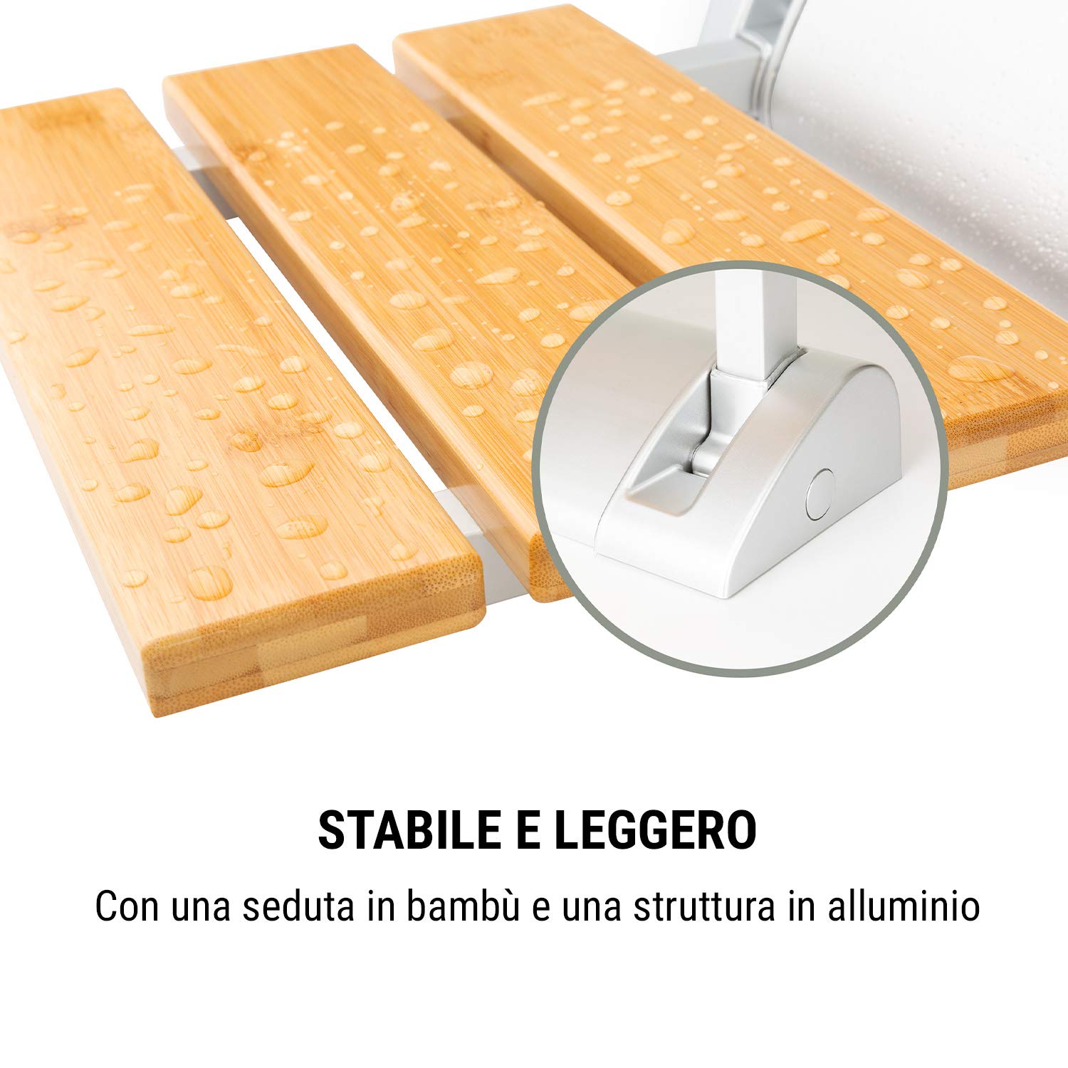 Oneconcept Arielle - Sedile da Doccia Pieghevole, Superficie in Bambù, Gancio in Alluminio, Peso max.: 160 kg, incl. Materiale di Montaggio, Stile: Classic, Legno