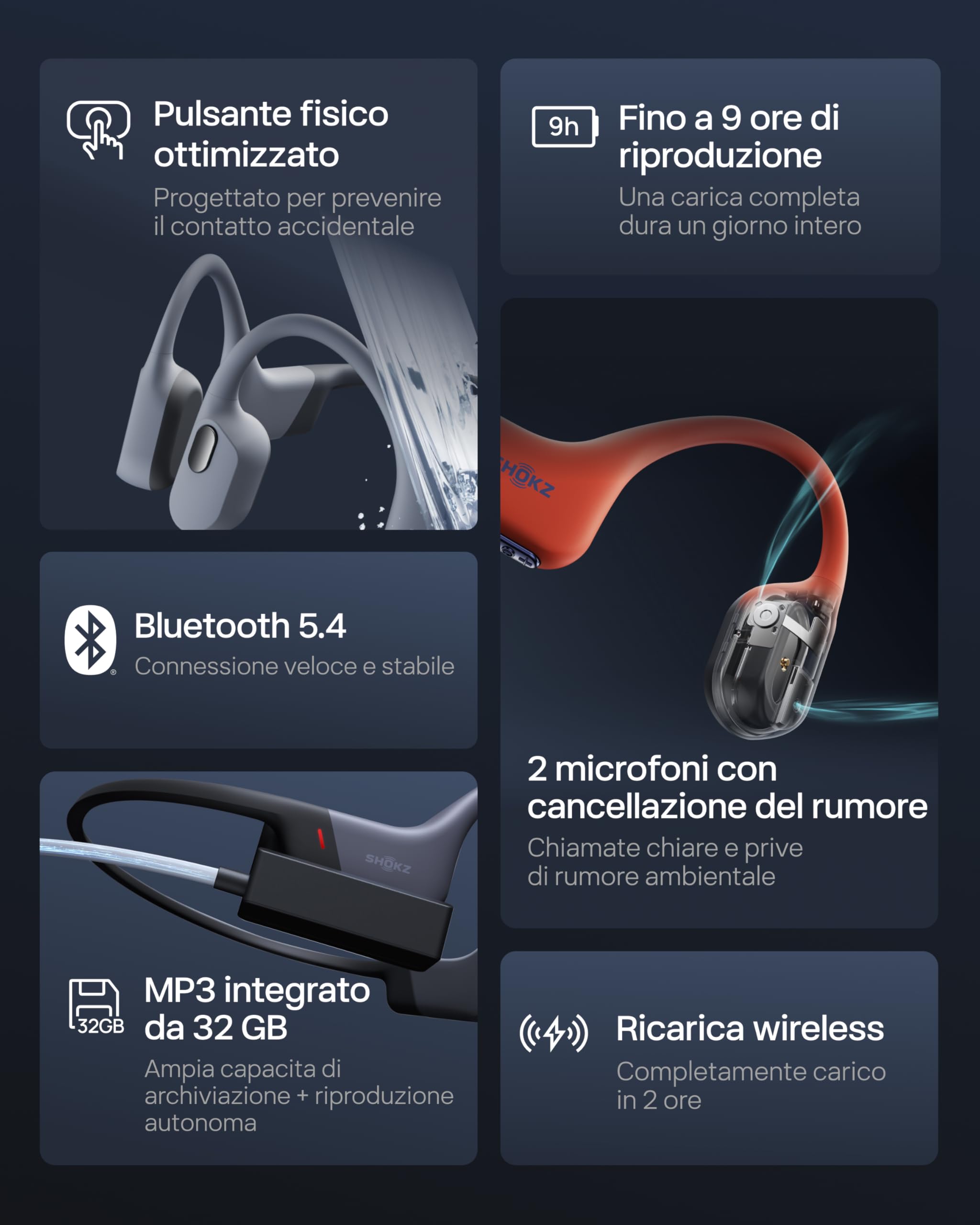 SHOKZ Cuffie sport a conduzione ossea OpenSwim Pro, auricolari wireless Open-Ear impermeabili IP68 con Bluetooth 5.4, 32 GB storage MP3, micr. con canc. rumore, 9 ore ripr. per corsa e nuoto, Rosso