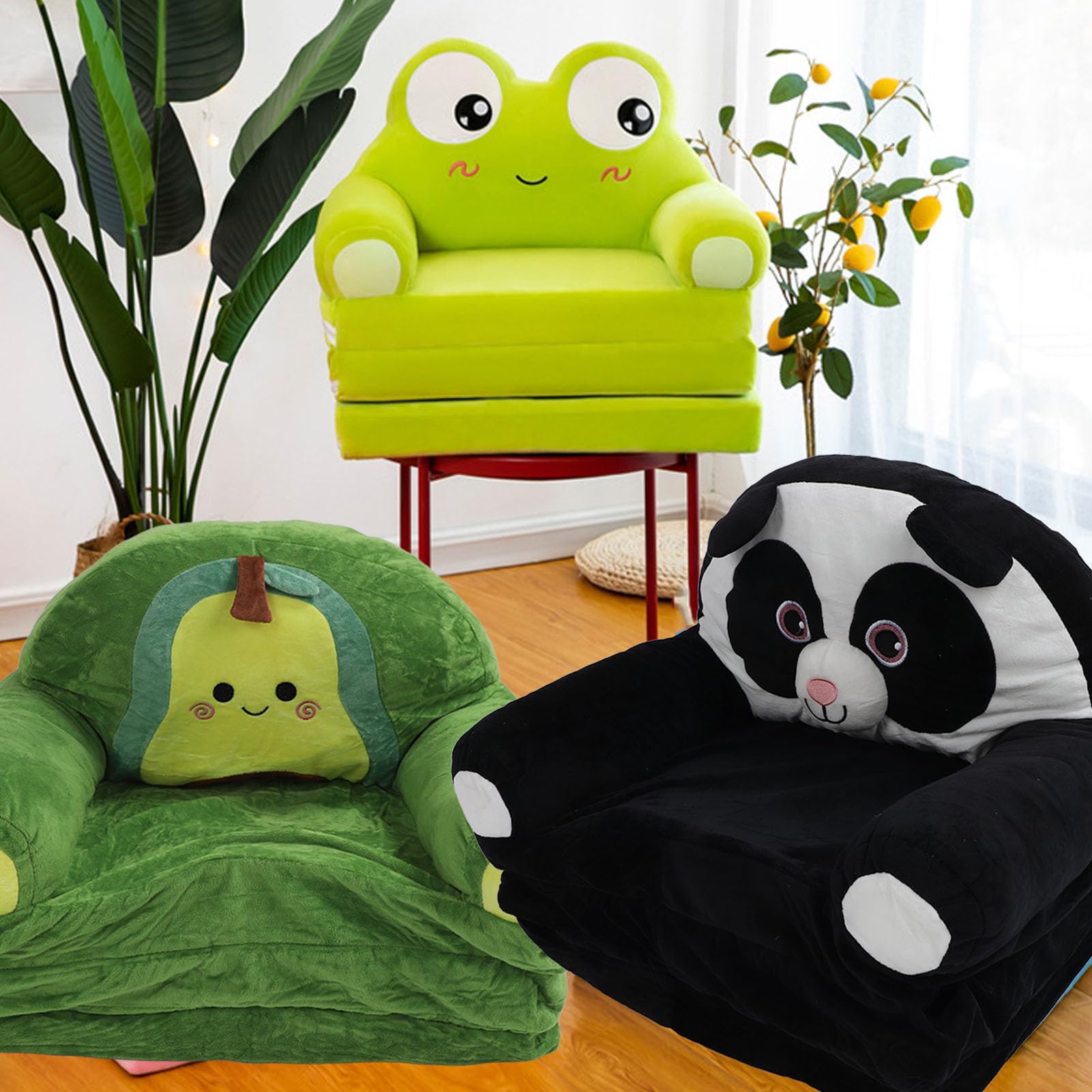Divano Pieghevole per Bambini, Design Simpatico Cartone Animato, Morbido Divano in Peluche per la Sala Giochi Domestica, 1 unità (Avocado)