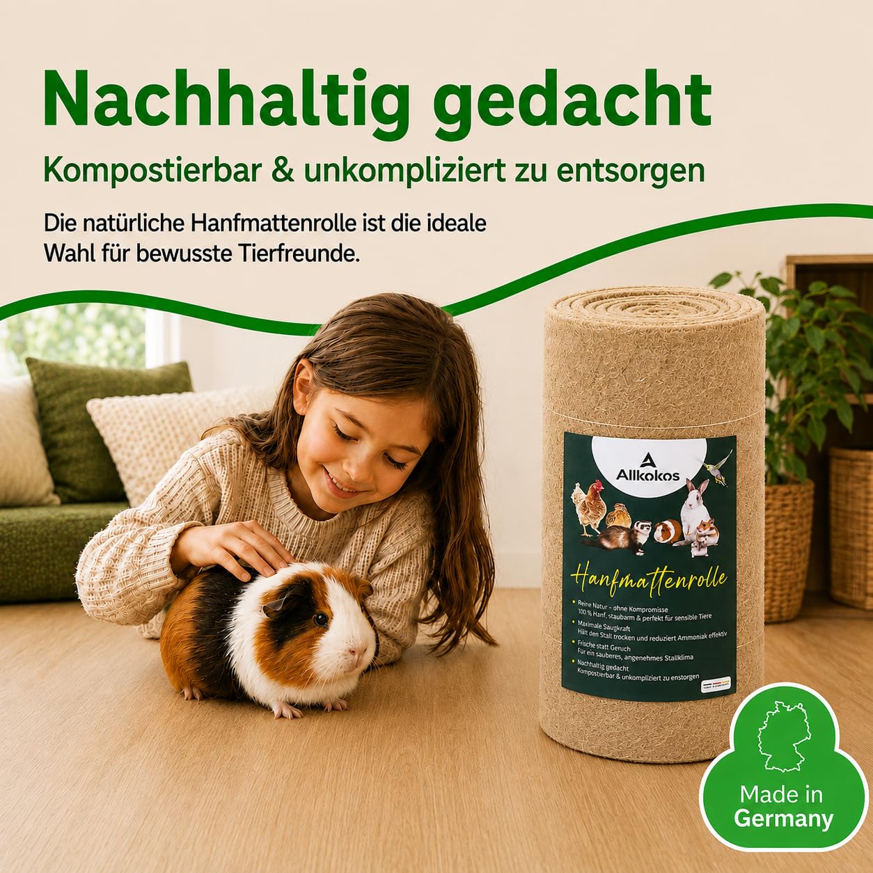 2X Hanfmatten Rolle 0,5m x 5m x 0,5cm für Kleintiere