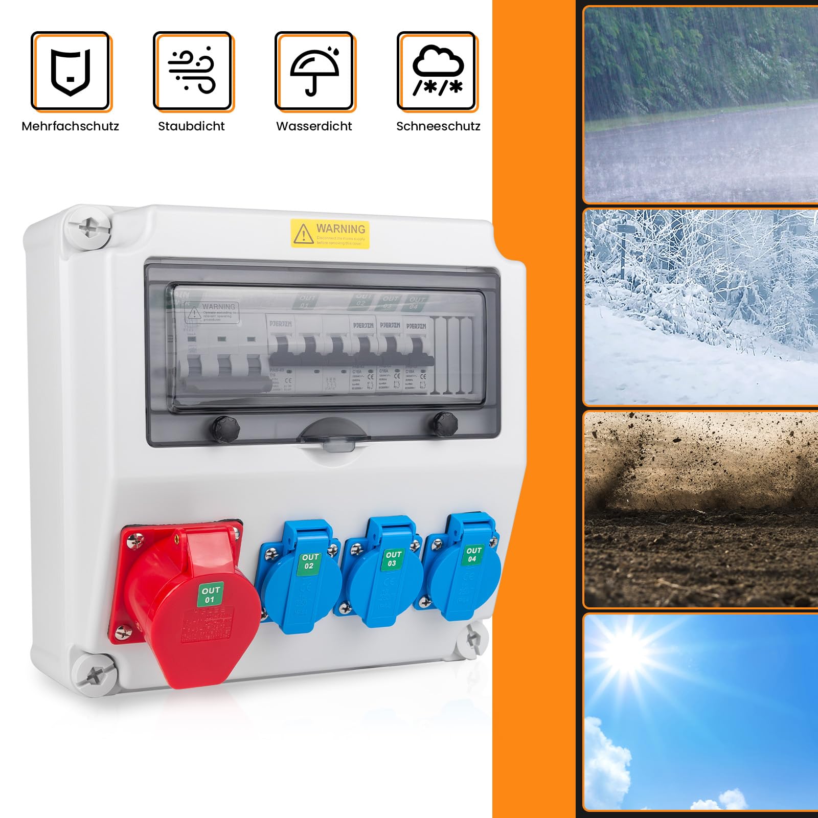 Baustromverteiler mit FI/LS RCBO Typ A 40A 30mA, Wandverteiler mit 16A CEE Steckdose,IP44 Starkstrom Verteiler für Baustelle und Werkstatt(3×16A 1P LS + 1×16A 3P LS+ 40A RCBO)