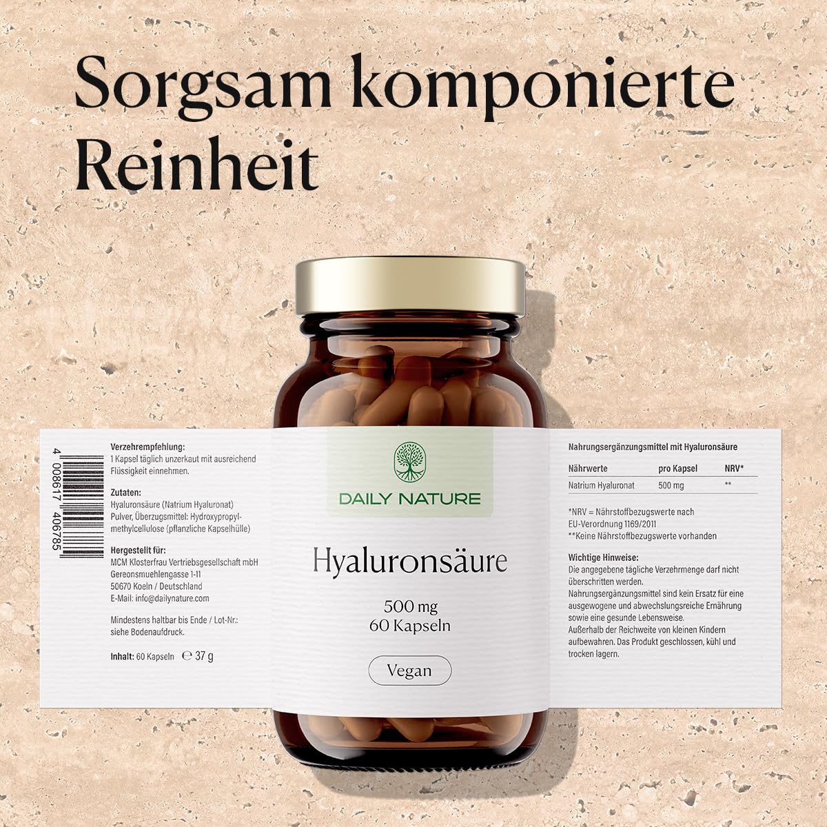 DAILY NATURE® Premium Hyaluronsäure I 60 Kapseln hochdosiert I 500 mg Natrium Hyaluronat pro Kapsel I 1.100 kDa I vegan & ohne unerwünschte Zusätze I gluten- & laktosefrei I hochwertige Inhaltsstoffe