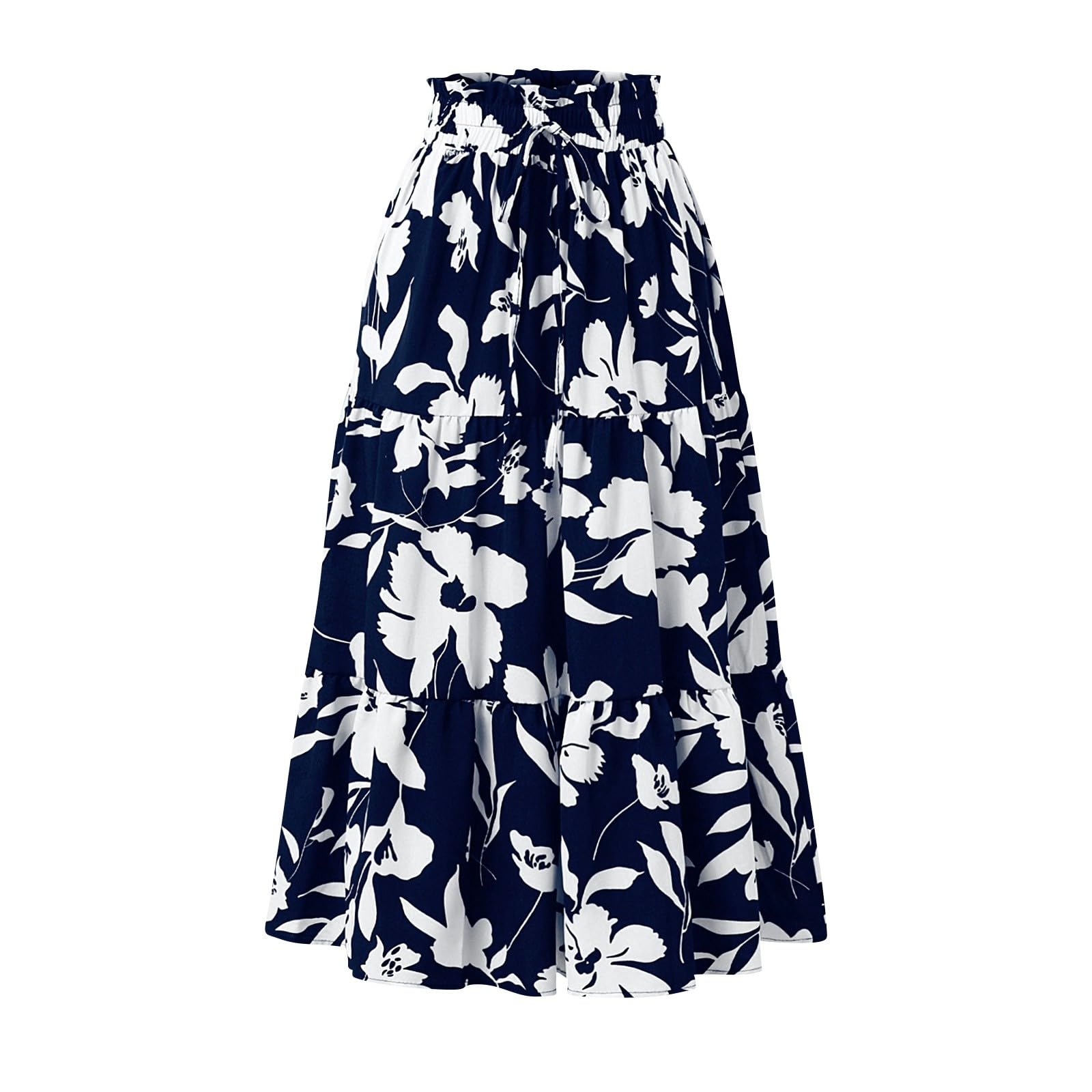 Womens Long Skirts a Line Tiered Maxi Skirts Drawstring Vacation Trendy Boho Skirt Lightweight Puffy Flowy Skirt