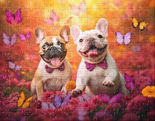 Superb Home Adorable rompecabezas de 2 perros Bulldog Francés Persecución Mariposas 252 piezas Rompecabezas de mejores amigos, hermanos, parejas,