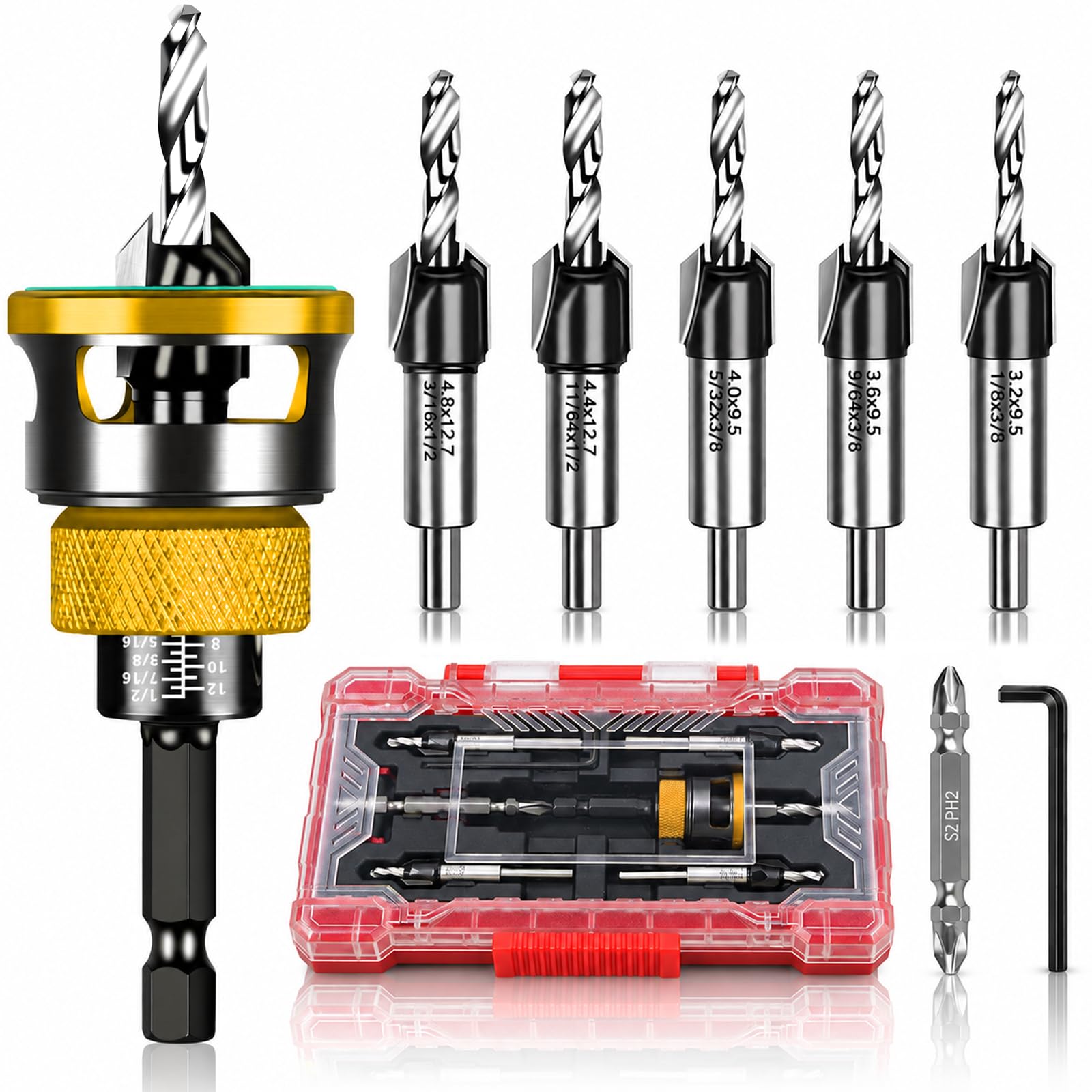 Countersink Drill Bit Set - 9 Piece with Depth Stop -12 Countersink Drill Bit Set - 9 Piece with Depth Stop -12