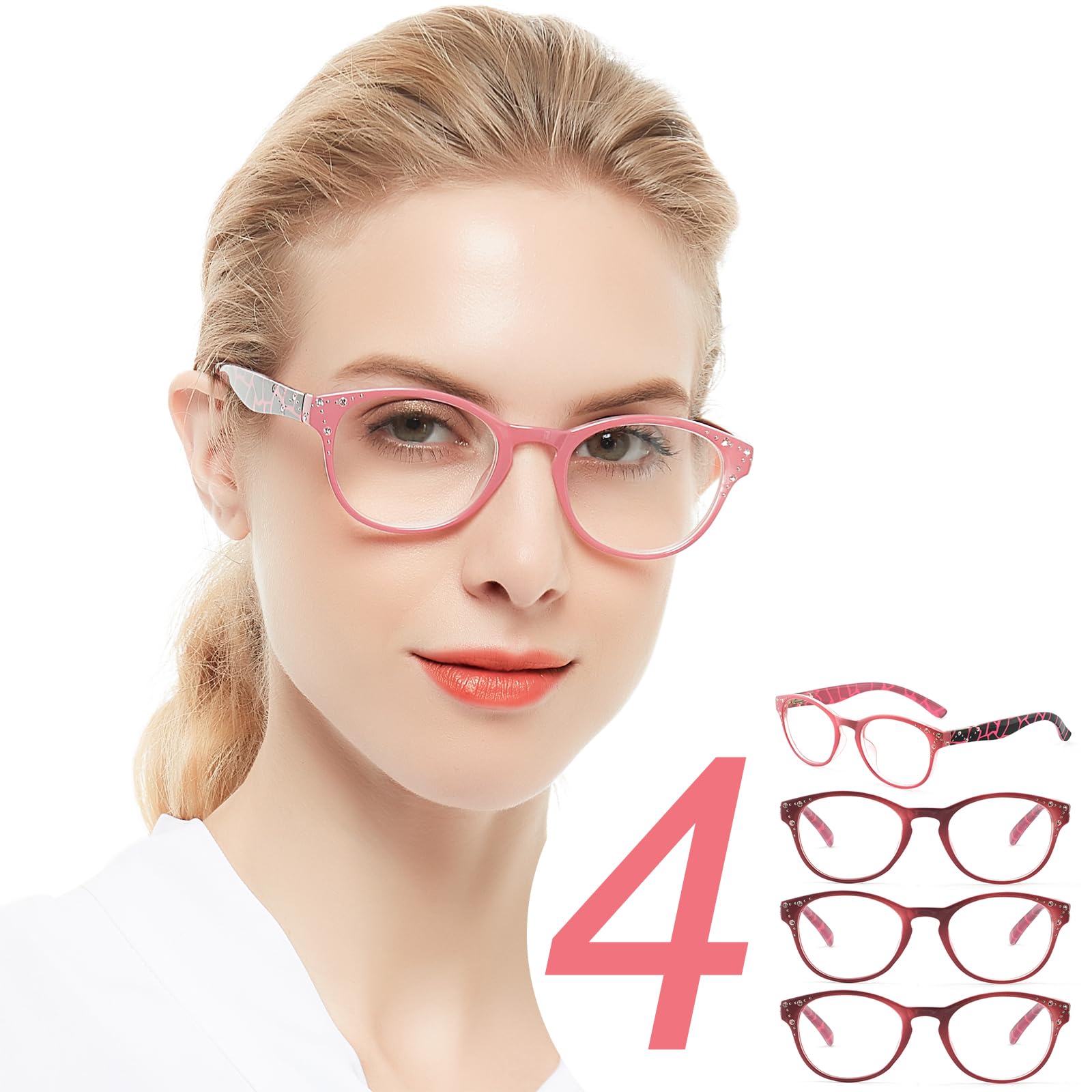 4 Packs Reading Glasses 4.0 for Women Ladies Cute Round Pink Readers 1.0 1.25 1.5 1.75 2.0 2.25 2.5 2.75 3.0 3.5 400 Y-pink*4 Packs 4.0 x