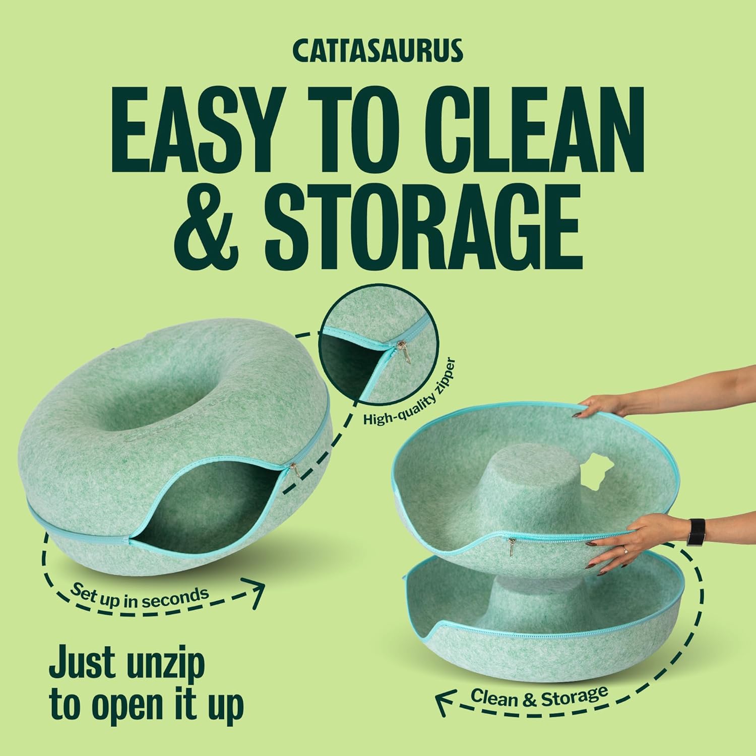 Cattasaurus Peekaboo Cat Cave Donut for Multiple & Large Cats up to 30-45 lbs, 3-in-1 Self Warming Cat Bed, Tunnel & Scratcher for Indoor Cats, Washable & Detachable Small Dog Bed (Sage Mist, Large)