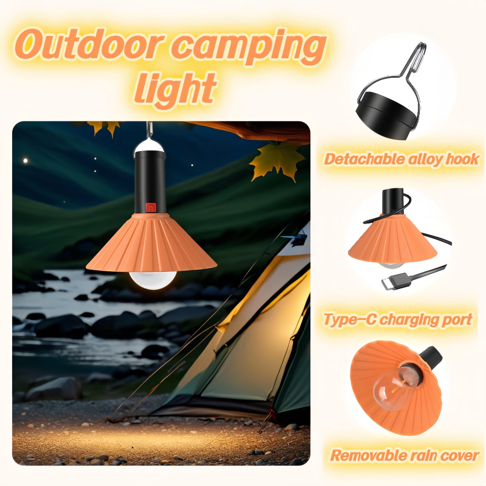 Luz LED recargable para camping, 3000 K, blanco cálido, 3 modos de brillo, IPX6 impermeable, carga USB-C, gancho desmontable, luz portátil para tienda de campaña con gancho para emergencia al aire