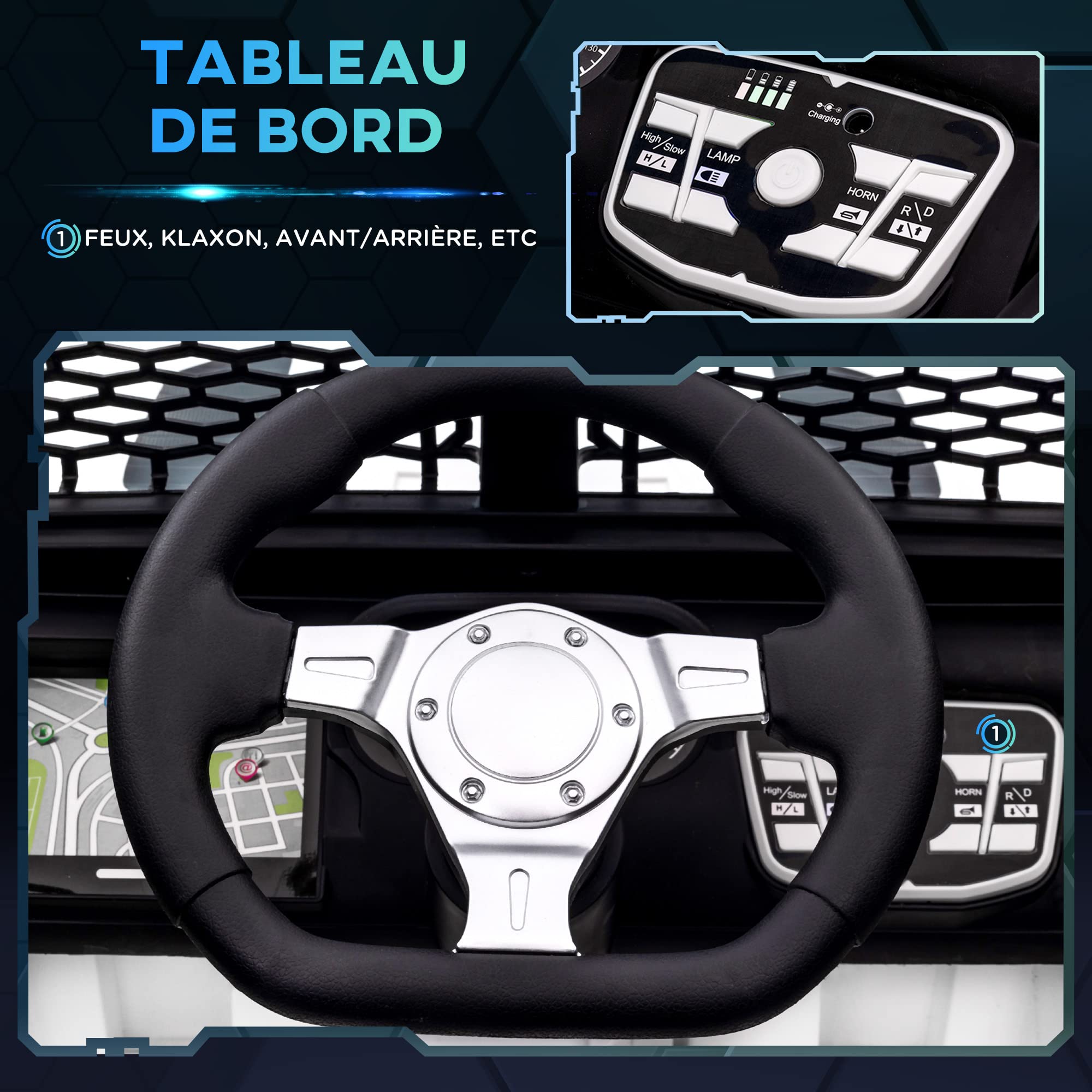 HOMCOM Voiture électrique pour Enfants Roue arrière motrice 12 V 5 km/h Max. avec télécommande Son et Effet Lumineux dim 100L x 65l x 72H cm Blanc
