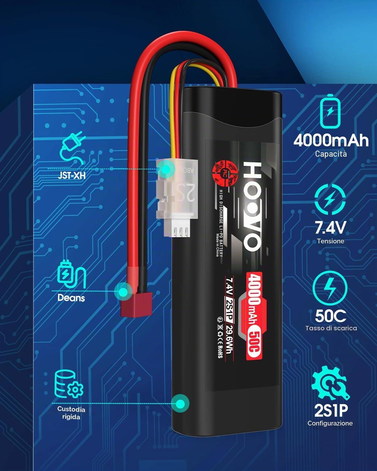 Batteria 2S RC 7,4 V 50 C 4000 mAh LiPo con spina Dean Style T Batterie HOOVO per RC Car Truck Boot Hobby Quadcopter Truggy Racing Driving (2 pezzi)